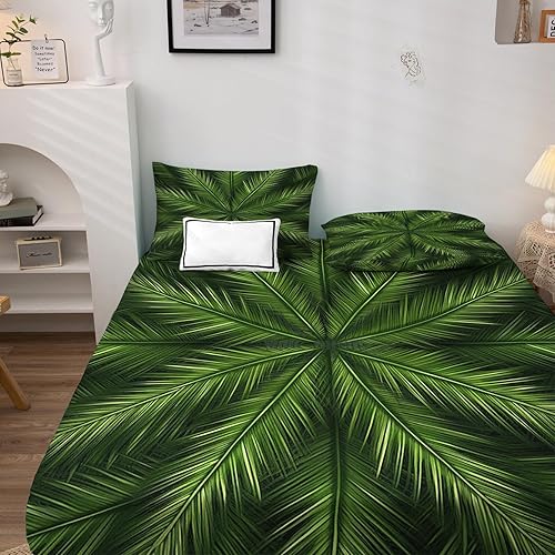 Miniatura 9 de Juego de sábanas de 3 piezas con diseño de palmera, tamaño individual XL, diseño de plantas tropicales neón, sábanas y fundas de almohada con patrón