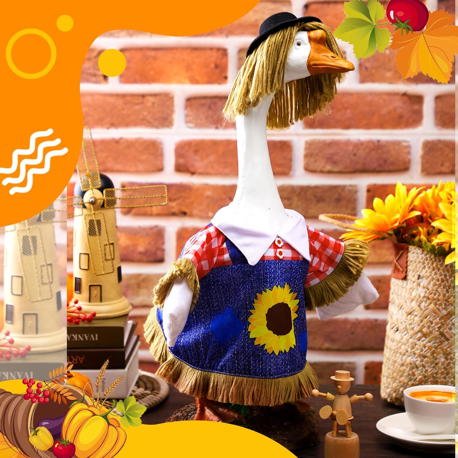 3 Set Thanksgiving Fall Goose Outfit 23 Inch Fall Pilgrim Cement Goose Outfit Thanksgiving Scarecrow Porch Decor Clothes Costume for Autumn Garden Yard Statue Decor