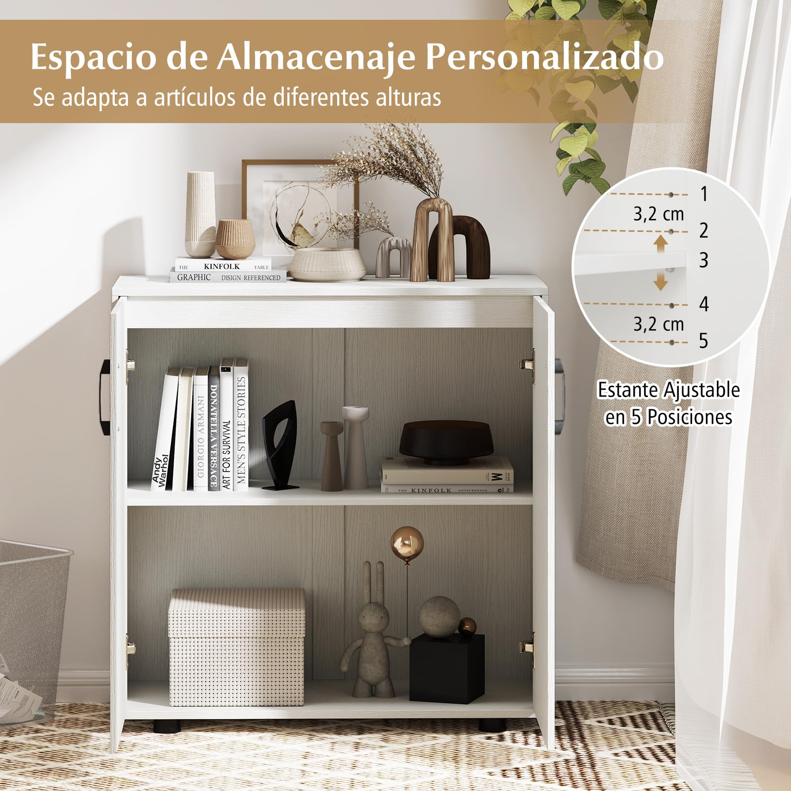 COSTWAY Armario de Almacenamiento de 2 Puertas, Armario Aparador Cocina con Estante Ajustable de 5 Posiciones, Armario de Almacenaje Independiente para Zapatos con 2 Kits Antivuelco