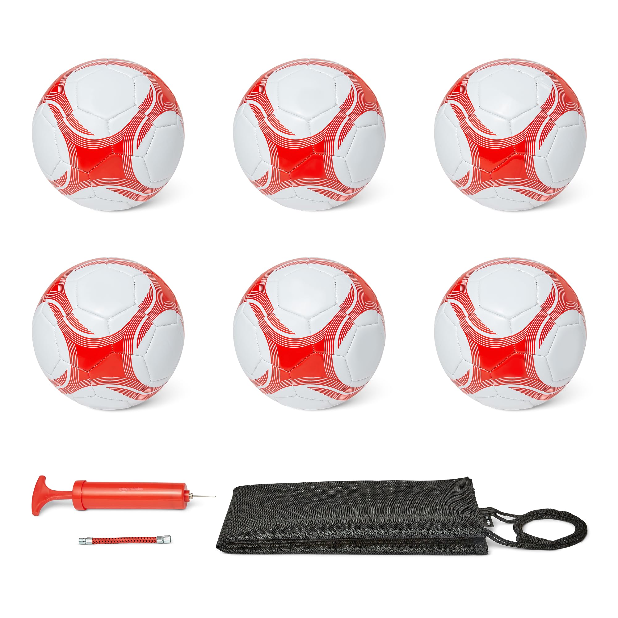 Amazon Basics Size 3 Football with Pump and Bag, Training Ball Set, PVC Construction, Butyl Bladder, Machine Stitched Practice Balls for Teams, Schools, Camps, White and Red, 6-Pack