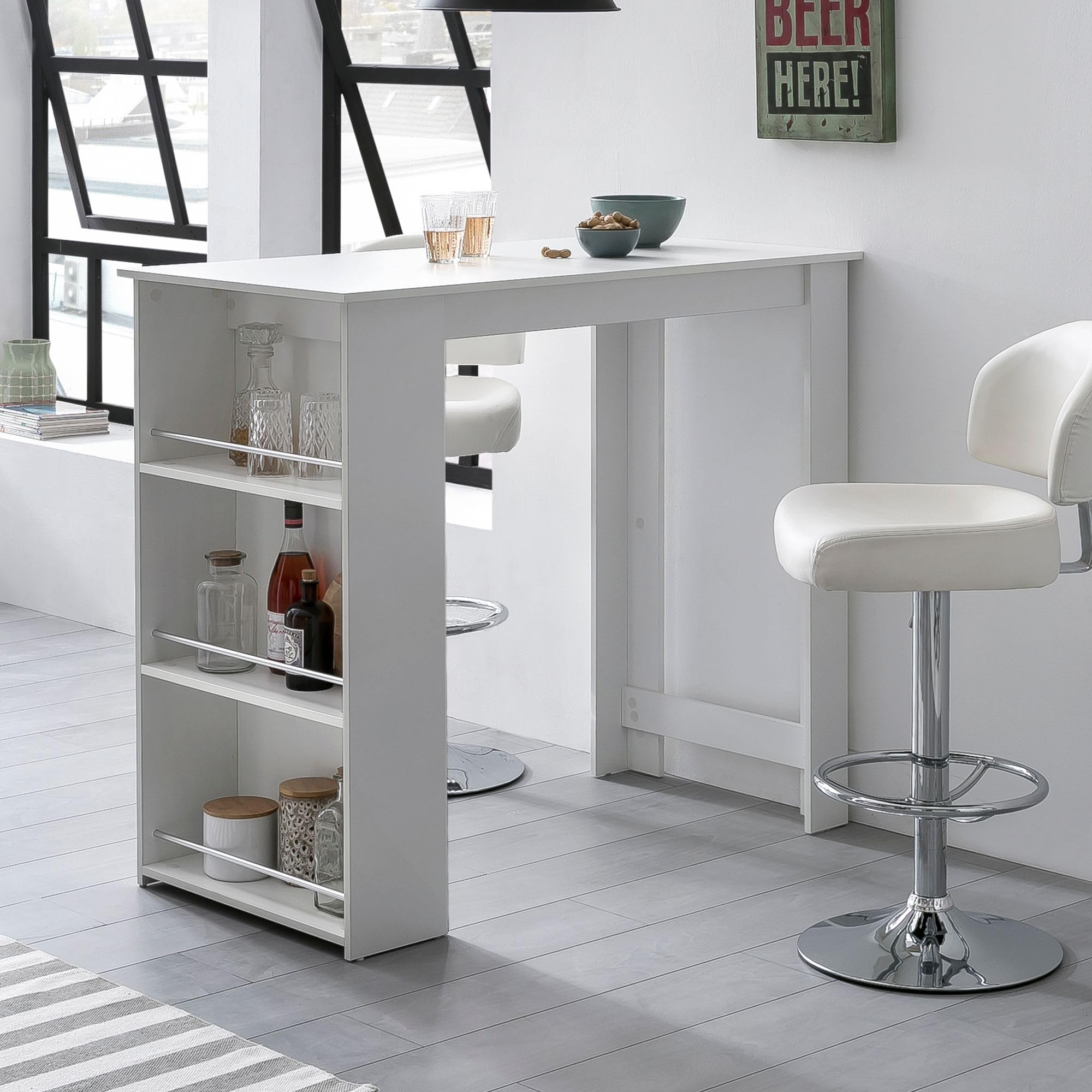Wohnling Bartisch 120x60x107,5 cm Weiß mit Integriertem Regal | Stehtisch mit großer Ablagefläche, Bartresen für Küche und Party, Küchenbartisch geradlinig, Bistrotisch Holz