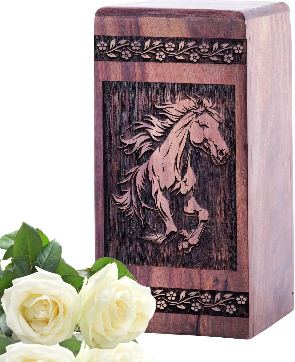 Rustic Wooden Urn - Horse Design - Adult Male Large - 10x5.5 Inch - 180 Cubic Inches - Rosewood - Memorial Urn for Human Ashes