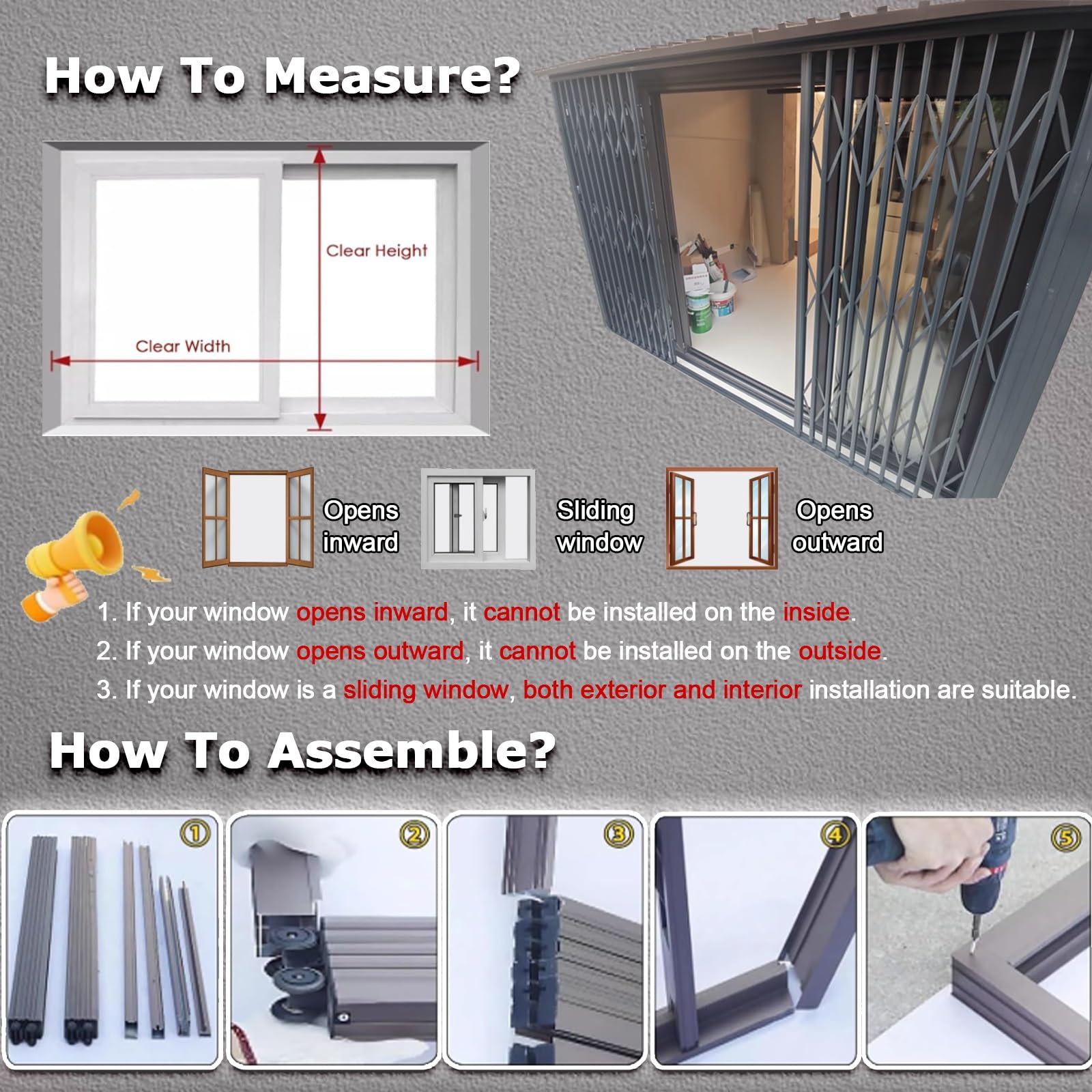 Barandilla plegable de aluminio retráctil, barras de seguridad autoinstalables para interiores y exteriores con bloqueo antirrobo para ventanas, 67 x 47.2 pulgadas