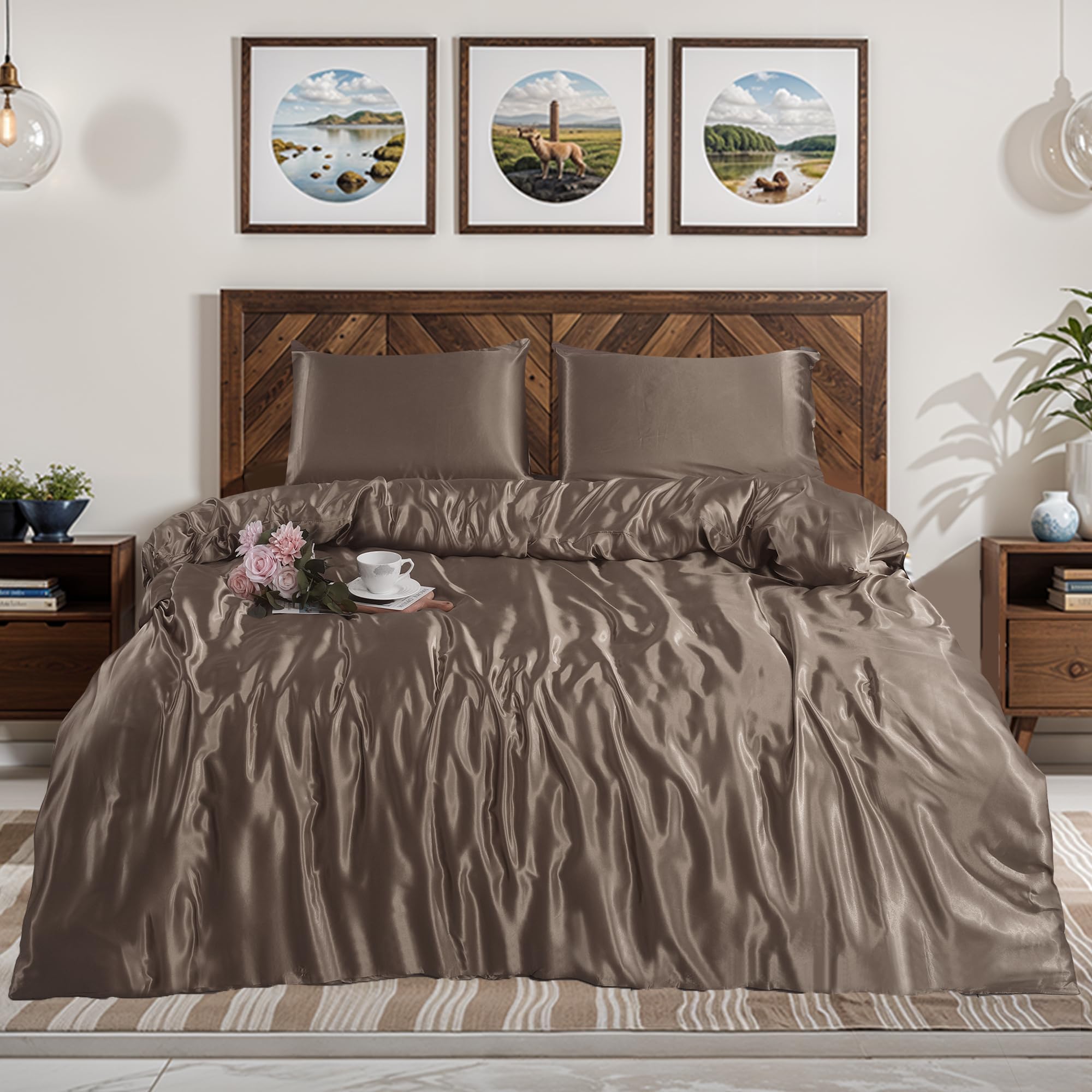 Black Horse 2Pcs Premium Silk Satin Duvet Cover Set – Silky Soft Duvet Cover & 1 Pillowcase – Cool, Breathable, Hypoallergenic Bedding for Luxurious Comfort (SINGLE-MINK)