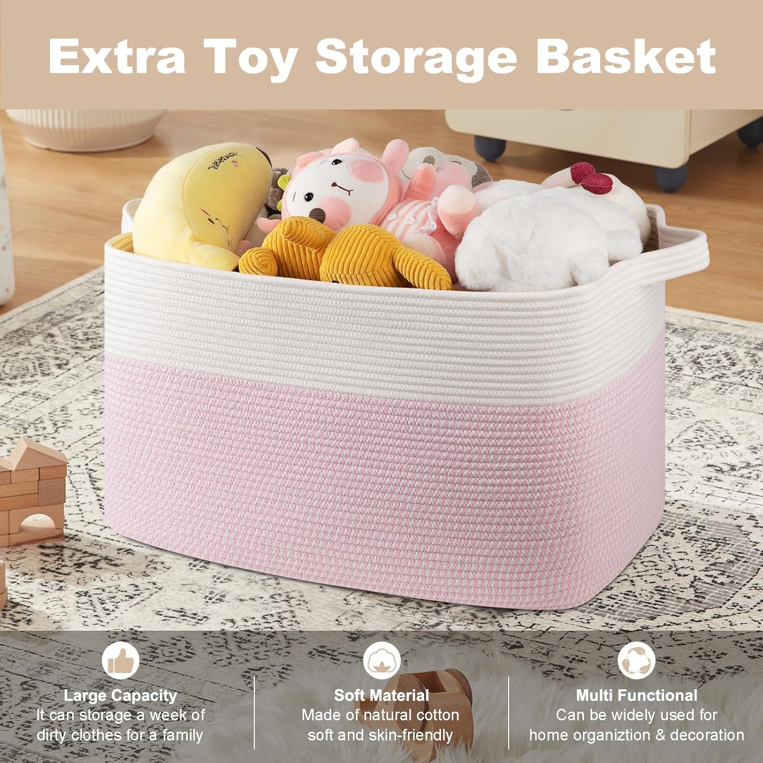 XXXL Large Blanket Basket, 108L Cotton Rope Storage Basket for Living Room, Supre Large Toy Baskets for Kids, Woven Basket for Clothes, Towels, Pillows, 25" x 16" x 16", Pink and White - Image 5