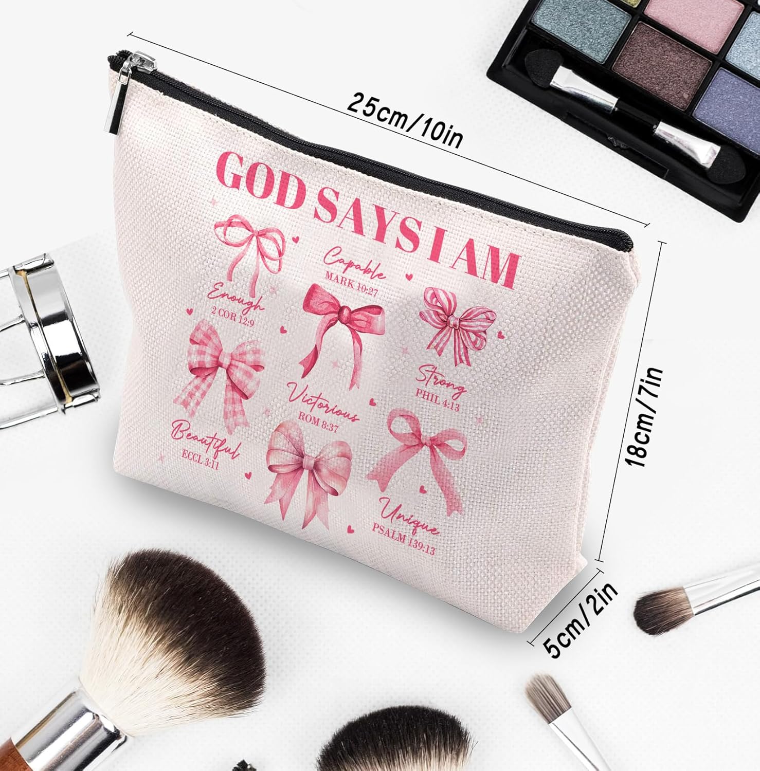 God Says I Am Makeup Bag, Pink Coquette Bow Bible Verse Cosmetic Bag, Inspirational Christian Gifts for Women, Religious Faith Based Gifts Inspirational Affirmations Gift Bag - Image 2