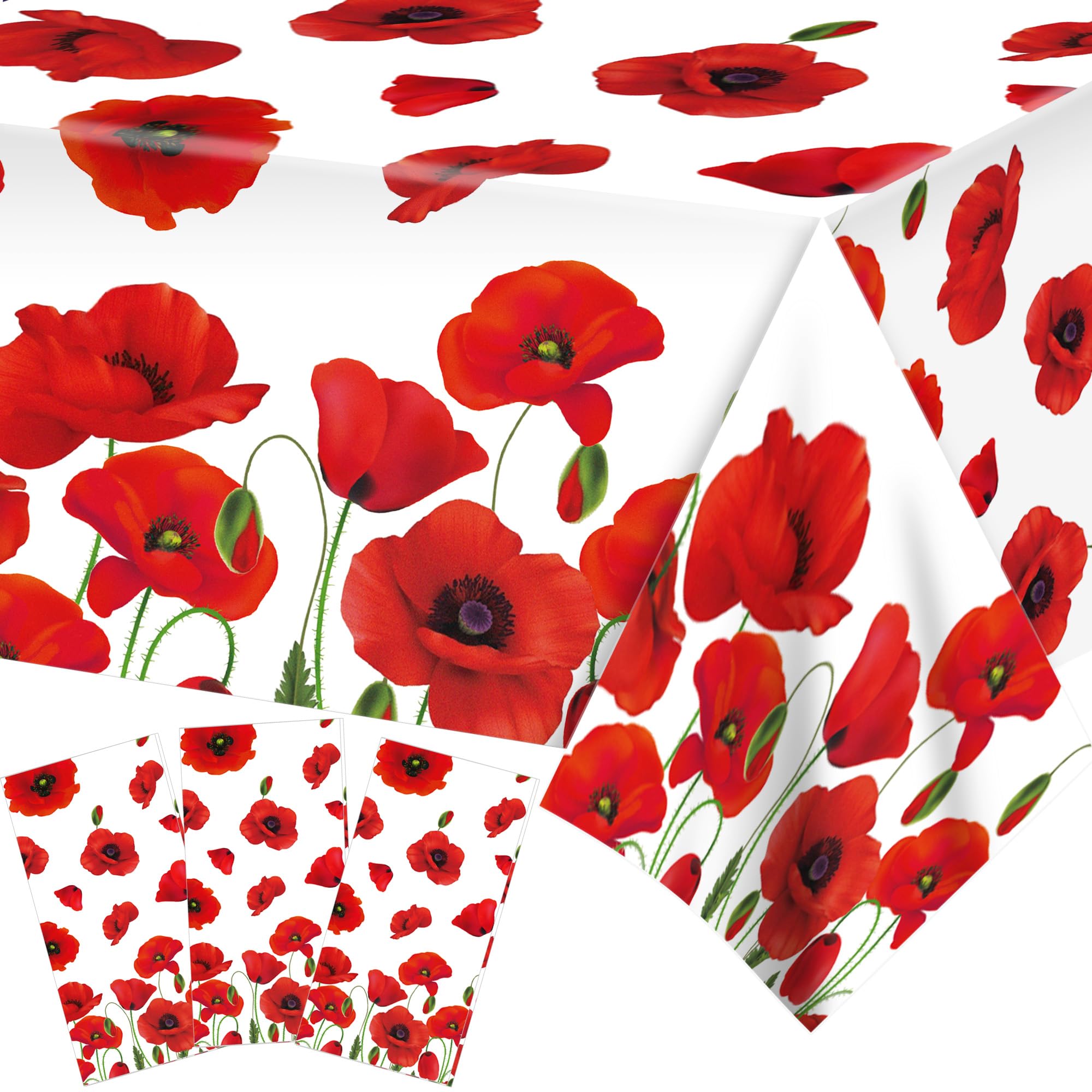 Adirasenotek 3 PCs Red Poppy Flowers Tablecloths Decorative Table Cover Spring Floral Tablecloth Plastic Tablecloths for Holiday Table Birthday