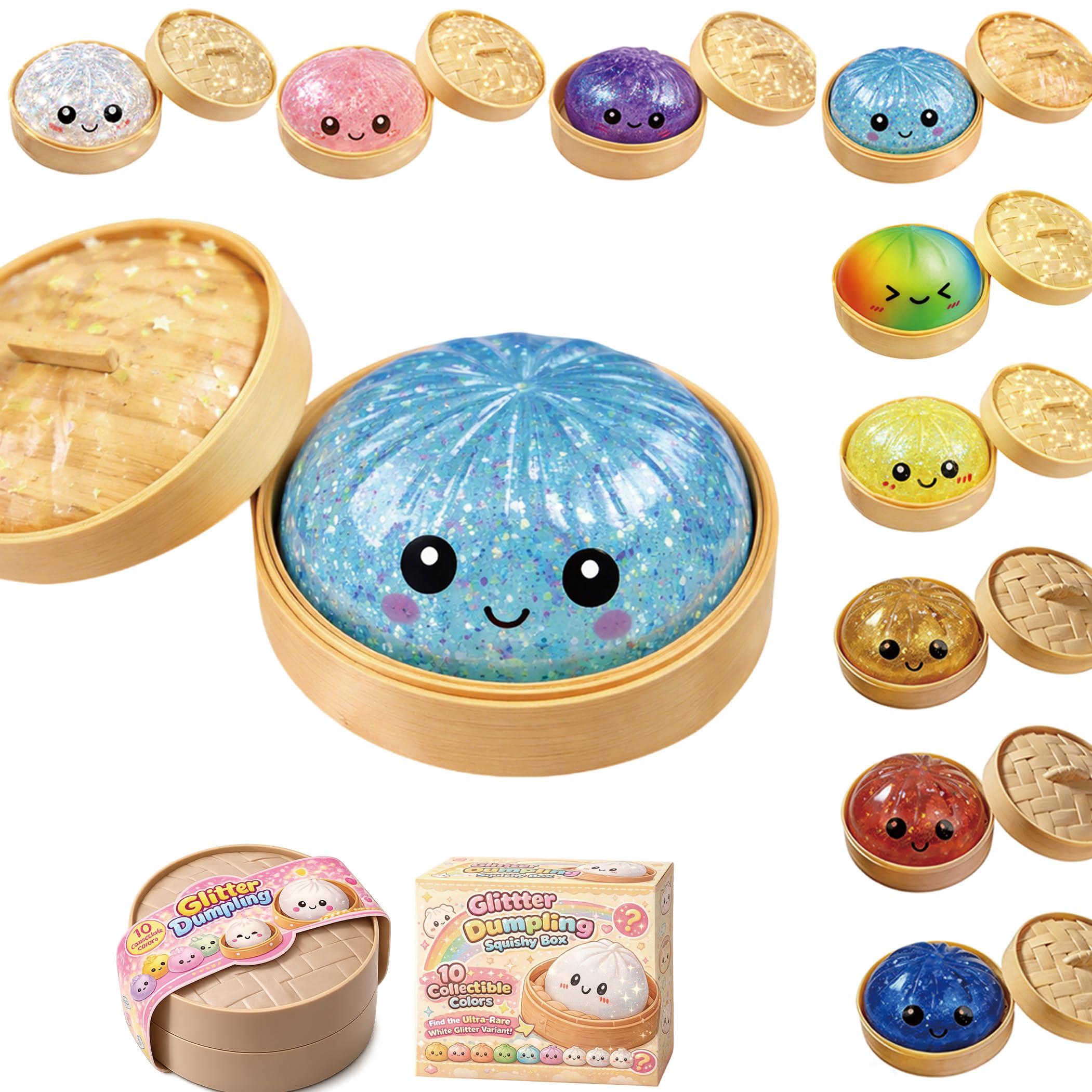 Dumplings Squishy, Glitter Dumpling Squishy, Squishiest Bun Dumplings with Steamer Box, Stress & Anxiety Relief Toys for Kids & Adults Non-Edible (Light Blue)