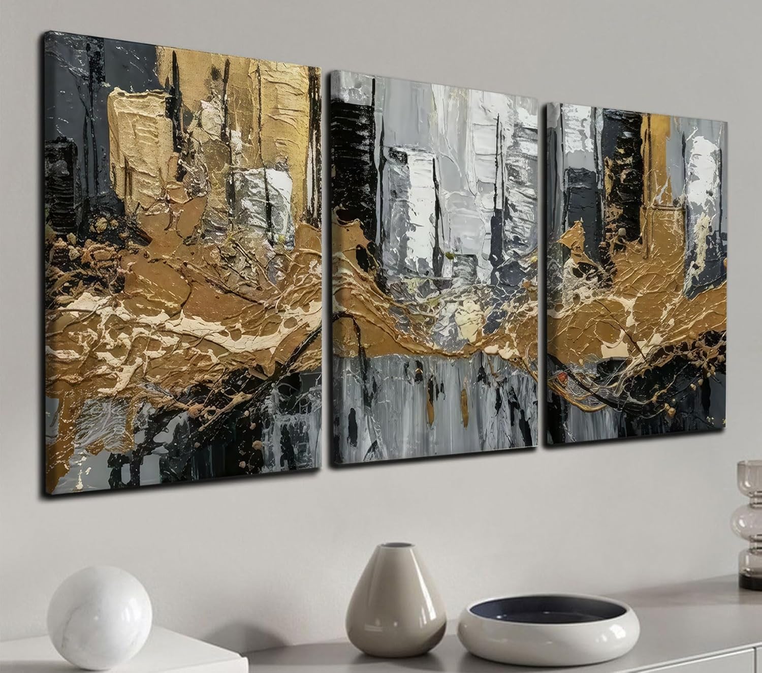 3Pcs Abstract Cityscape Canvas Wall Art Gold Gray Modern Skyline Poster Prints Gallery Wrapped Frameless Wall Decor for Living Room Bedroom Dining Room Office 12x16 Inch Ready to Hang
