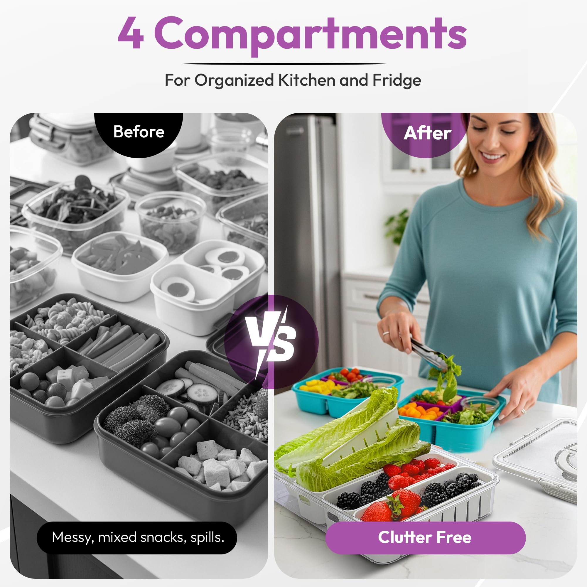 [Apto para lavavajillas] Contenedores de barra de ensalada para refrigerador, recipientes de verduras para refrigerador, recipientes de preparación de ensaladas para refrigerador, bandeja de verduras 7