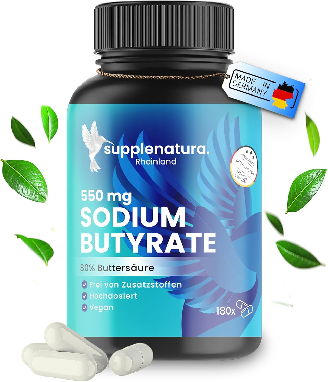 Butyrate Kapseln (180 Kapseln) PREMIUM: 550mg je Kapsel mit 80% Buttersäure | Sodium Butyrate Kapseln - Deutsche Herstellung - SUPPLENATURA®