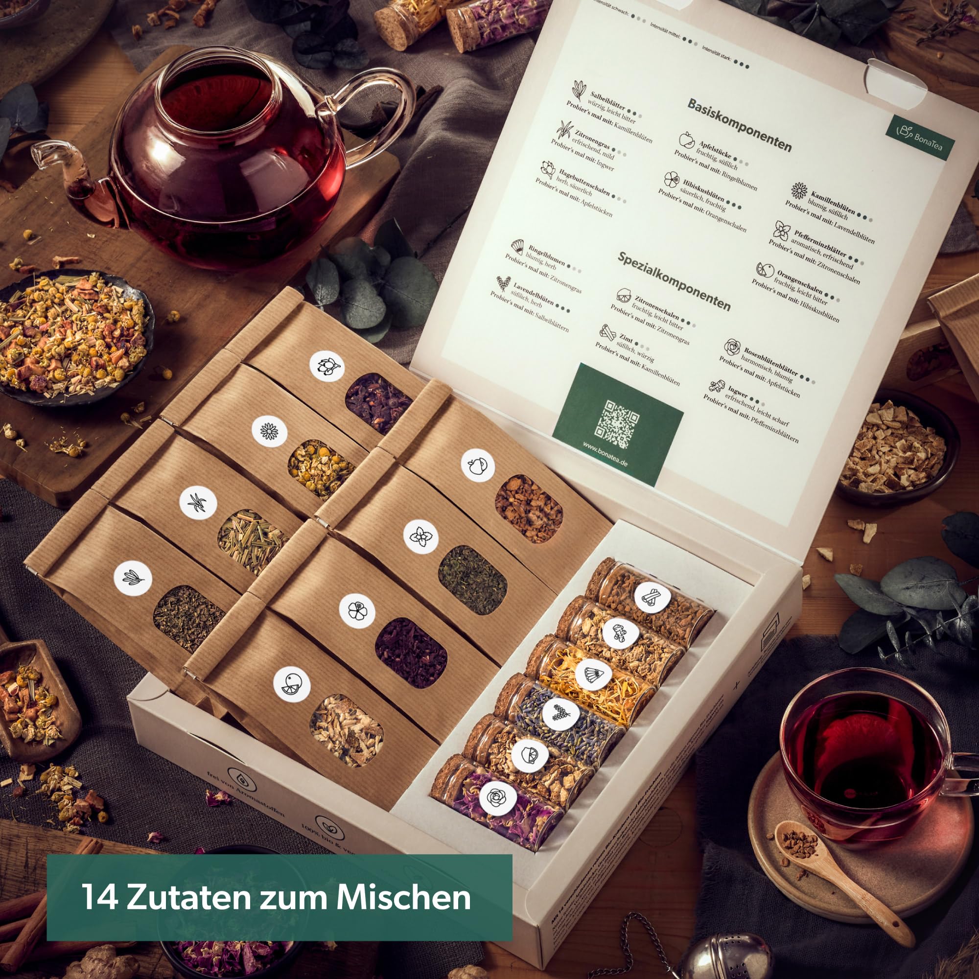 Tee Selber Mischen Set Geschenk mit 14 aufregenden Tee-Sorten - BIO Tee Geschenkset Weihnachten zum DIY Teemischung Selber Machen