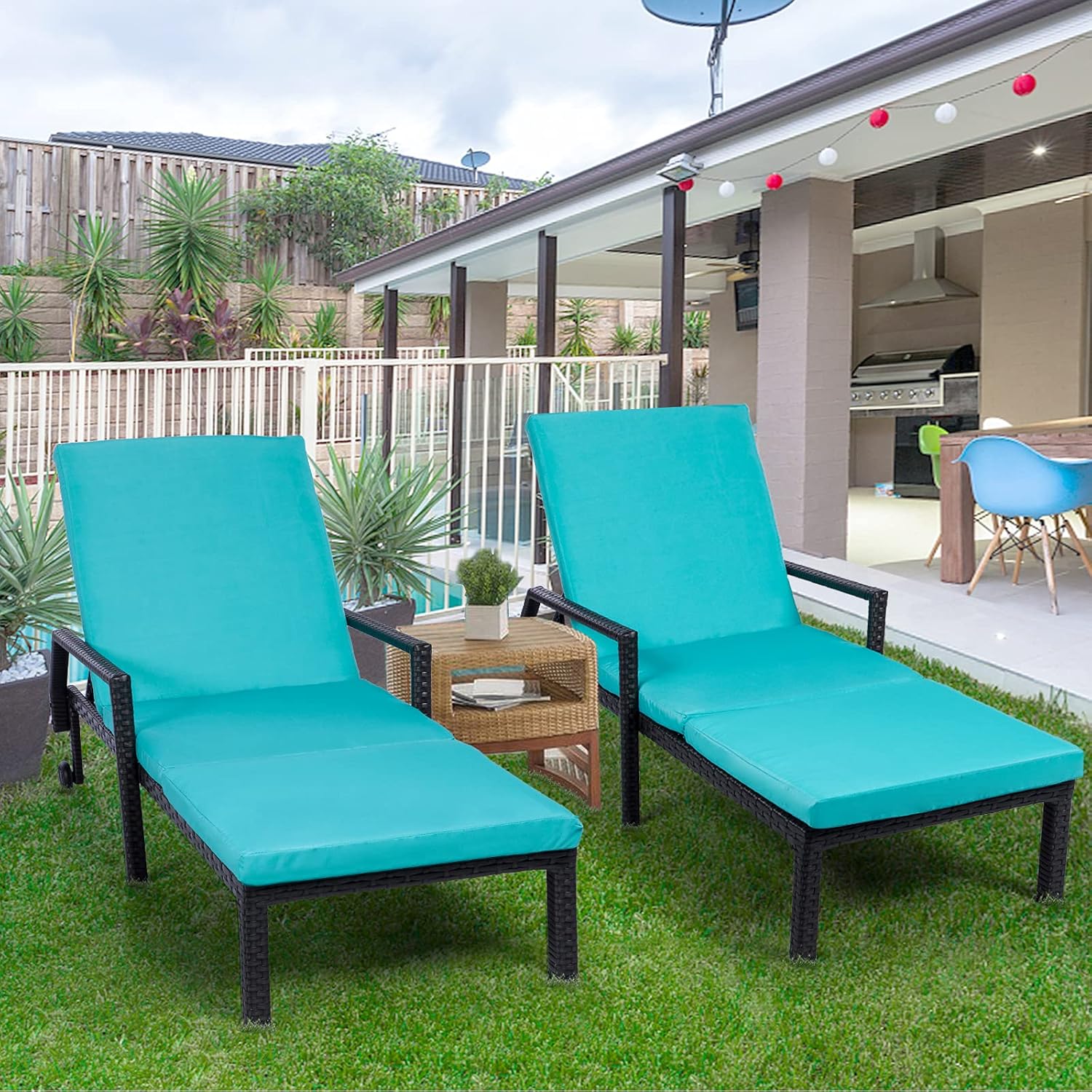 AECOJOY Adjustable Outdoor Chaise Lounge Chair Rattan Wicker Patio Lounge Chair, for Outdoor Patio Beach Pool Backyard Lounge Chairs with Cushion and Wheels,Black : Patio, Lawn & Garden