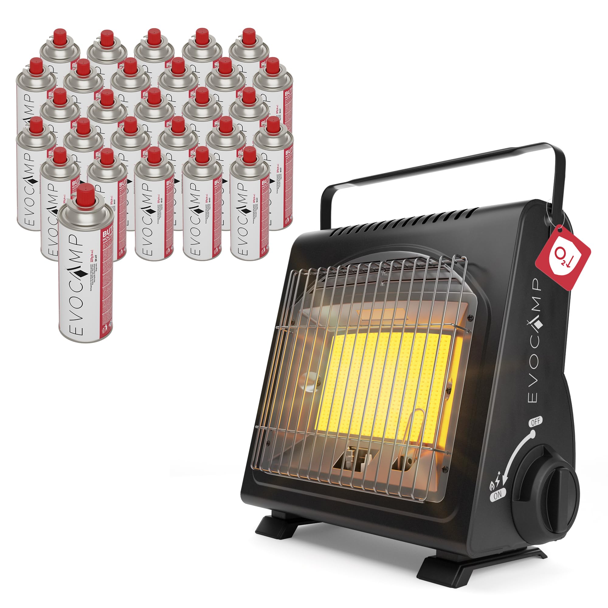 EVOCAMP mini calefactor de gas butano, calefactor portátil para camping de 1,7 kW, calefactor de cerámica para uso en exteriores con sensor de agotamiento de oxígeno, con 28 cartuchos de gas