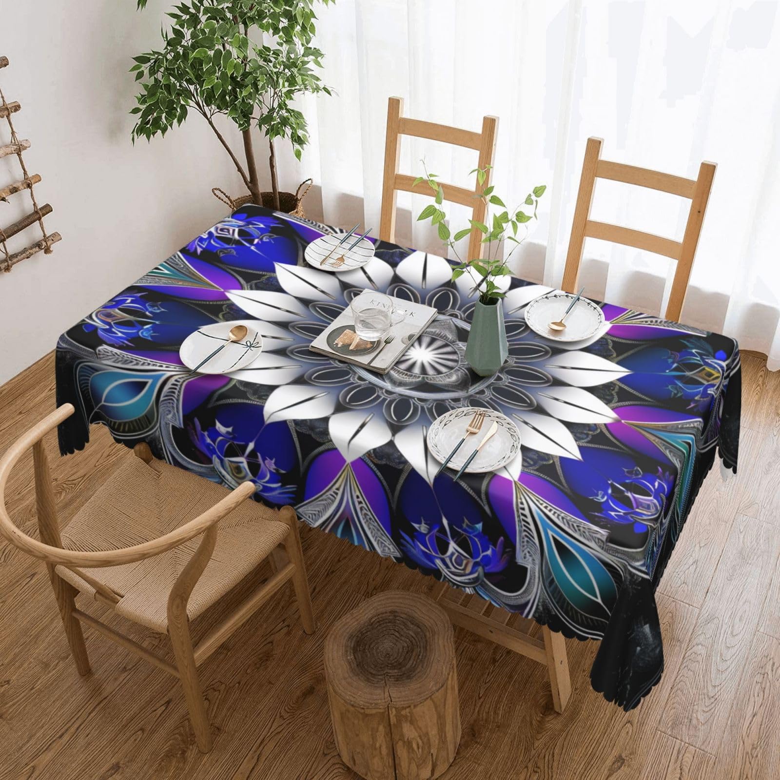 WPKJU Rectangle Mandala Print Printed Rectangle Tablecloth 72x54 Inch with Lace Trim, Water-Resistant Washable Table Cover for Farmhouse Weddings, Outdoor Picnics & Holiday Dining