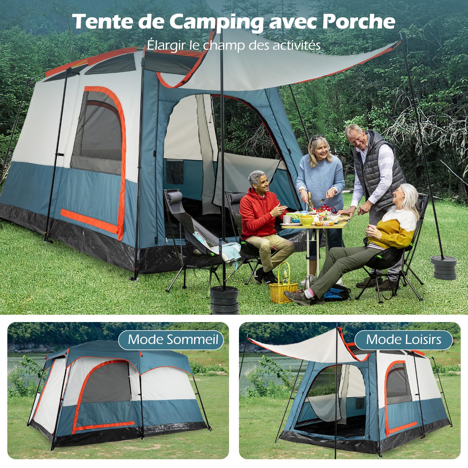 GOPLUS Tente de Camping pour 6 Personnes avec 2 Chambres Séparées, Double Couche & Double Toit, Bâche PE & Fenêtres en Filet, Tente Familiale Imperméable et Coupe-Vent avec Sac de Transport