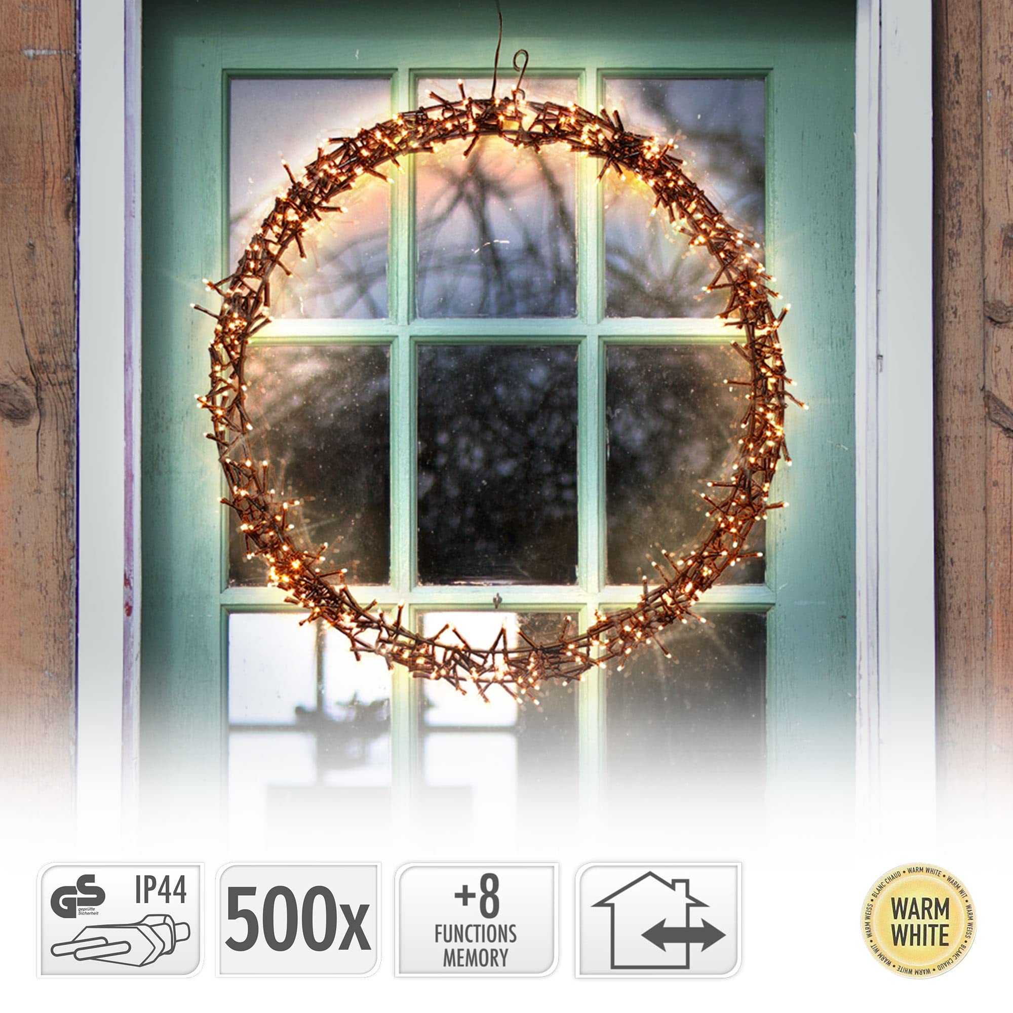 ECD Germany Lichterkranz 500 LEDs, Ø 58cm, Warmweiß, IP44, Türkranz, Fensterkranz, Weihnachtsdeko, Kranz, Weihnacht Ring, Fensterlicht, Weihnachten, Weihnachtsdekoration, Weihnachtsbeleuchtung