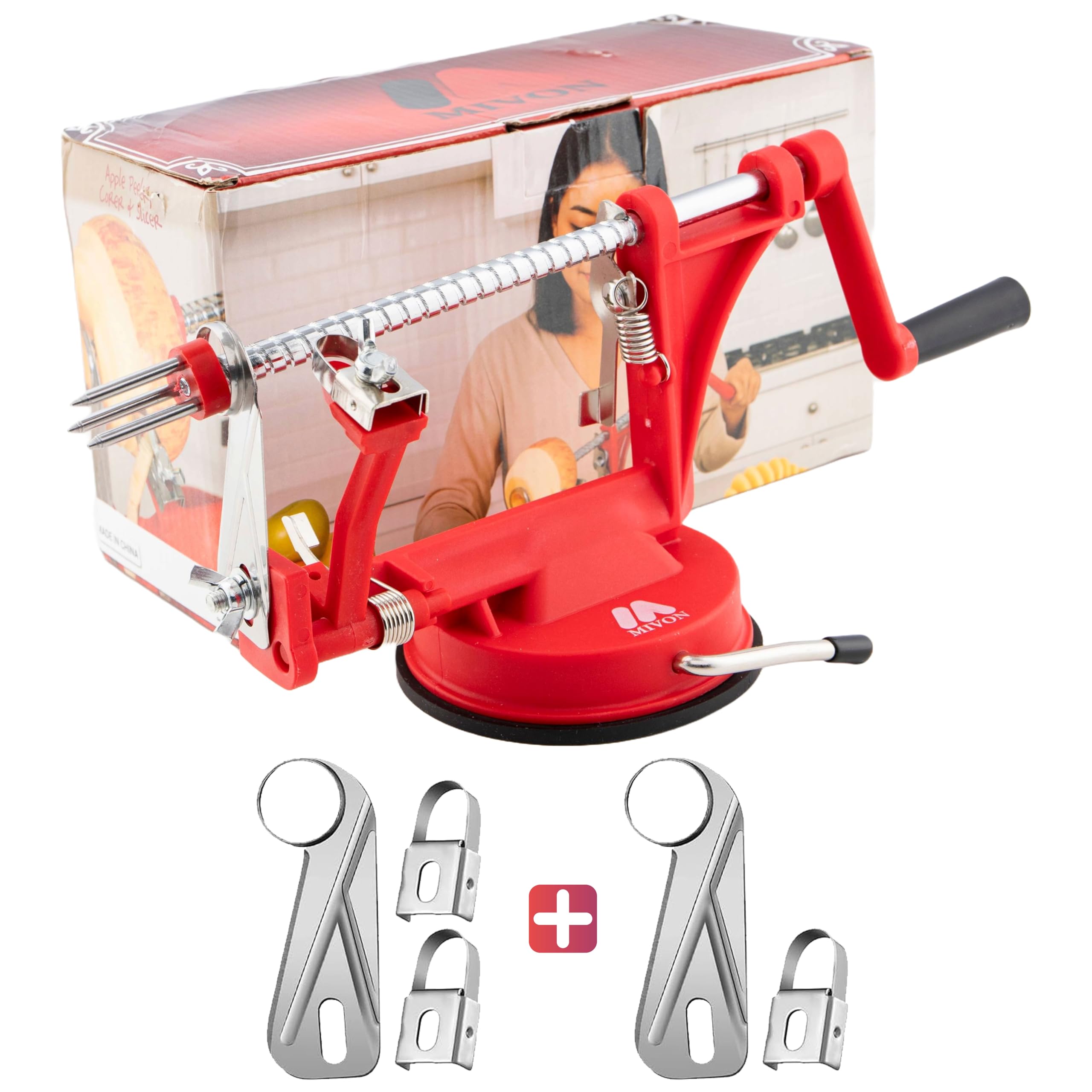 MIVON Apple Peeler and Corer, 3 in 1 Multifunctional Kitchen Fruit Peeling Machine with Durable Stainless Steel Blades, Powerful Suction Base for Apples and Potatoes, Extra 2 Blades & 1 Corer