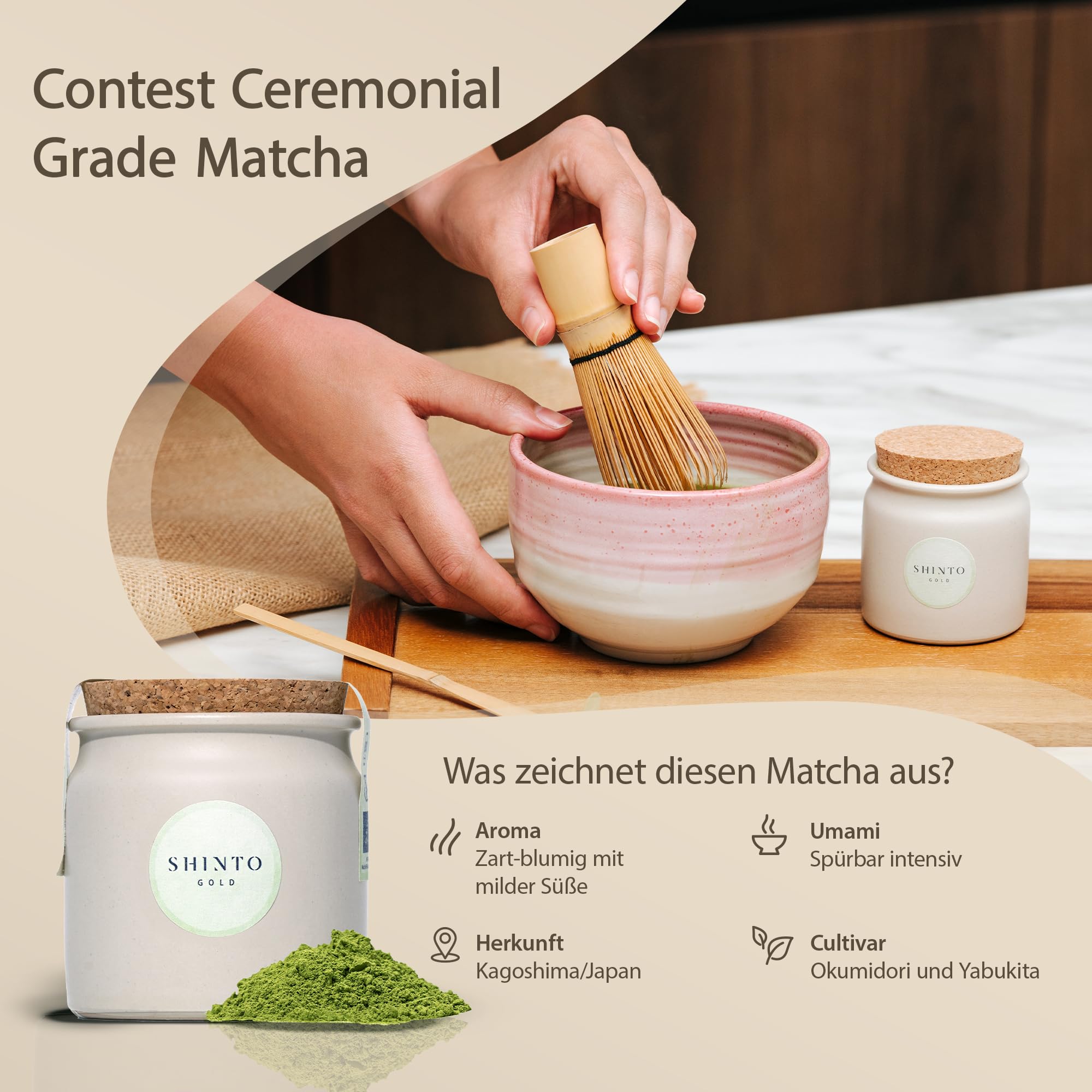 Matcha Tee Set Shinto® Gold - Super Premium Bio Matcha Tee - beschattet & handgepflückt aus Uji Japan inkl. handgefertigter Schale, Besen & Löffel für die traditionelle japanische Teezeremonie