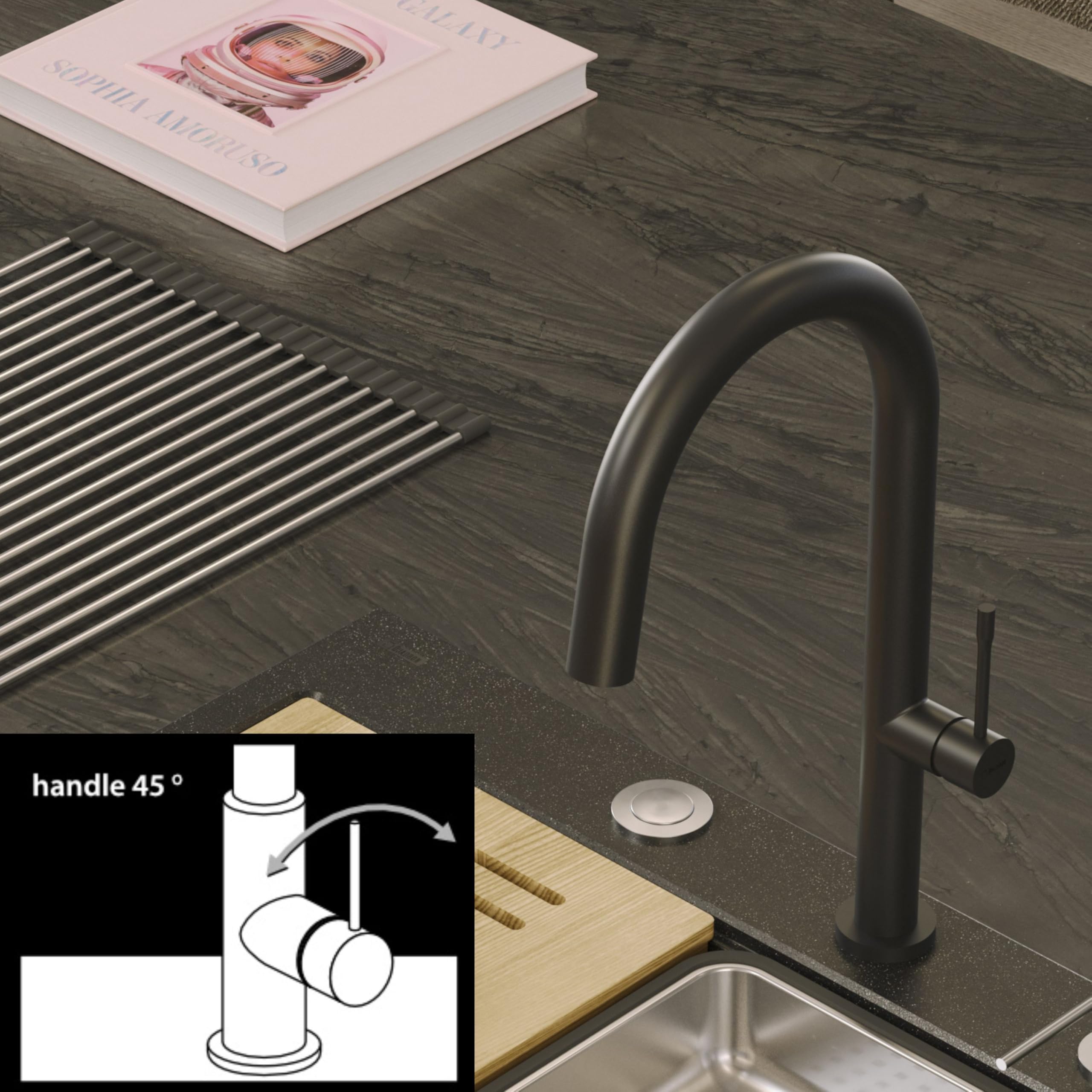 QUADRON HALEY T LINE SteelQ, grifo mezclador de cocina de acero inoxidable, grifo mezclador de cocina 360°, función QFix, color: grafito, altura: 40 cm, cabezal: cerámica, acabado PVD grafito