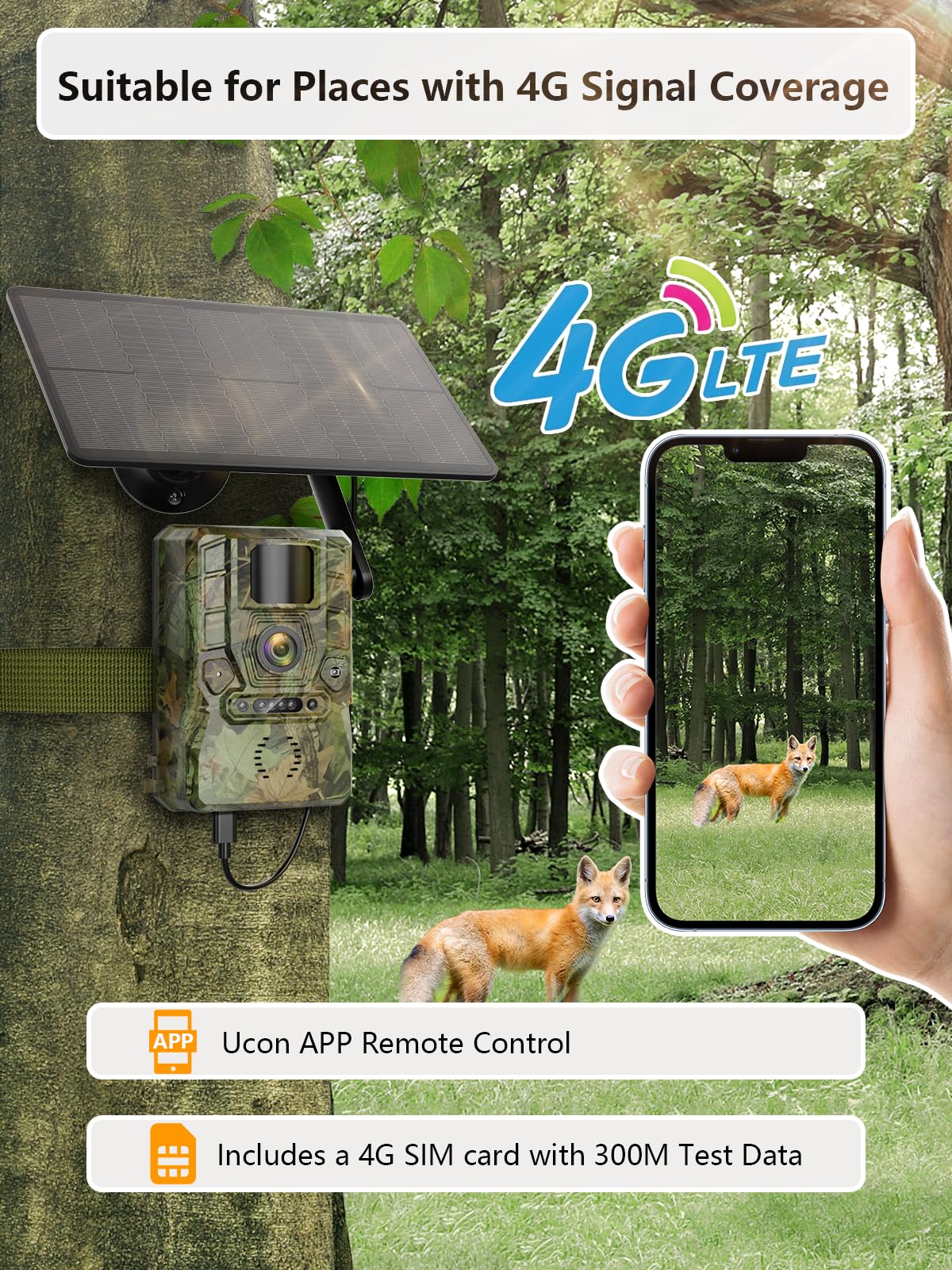 Caméra de chasse 4G solaire Xega 2K avec carte SIM, détection PIR