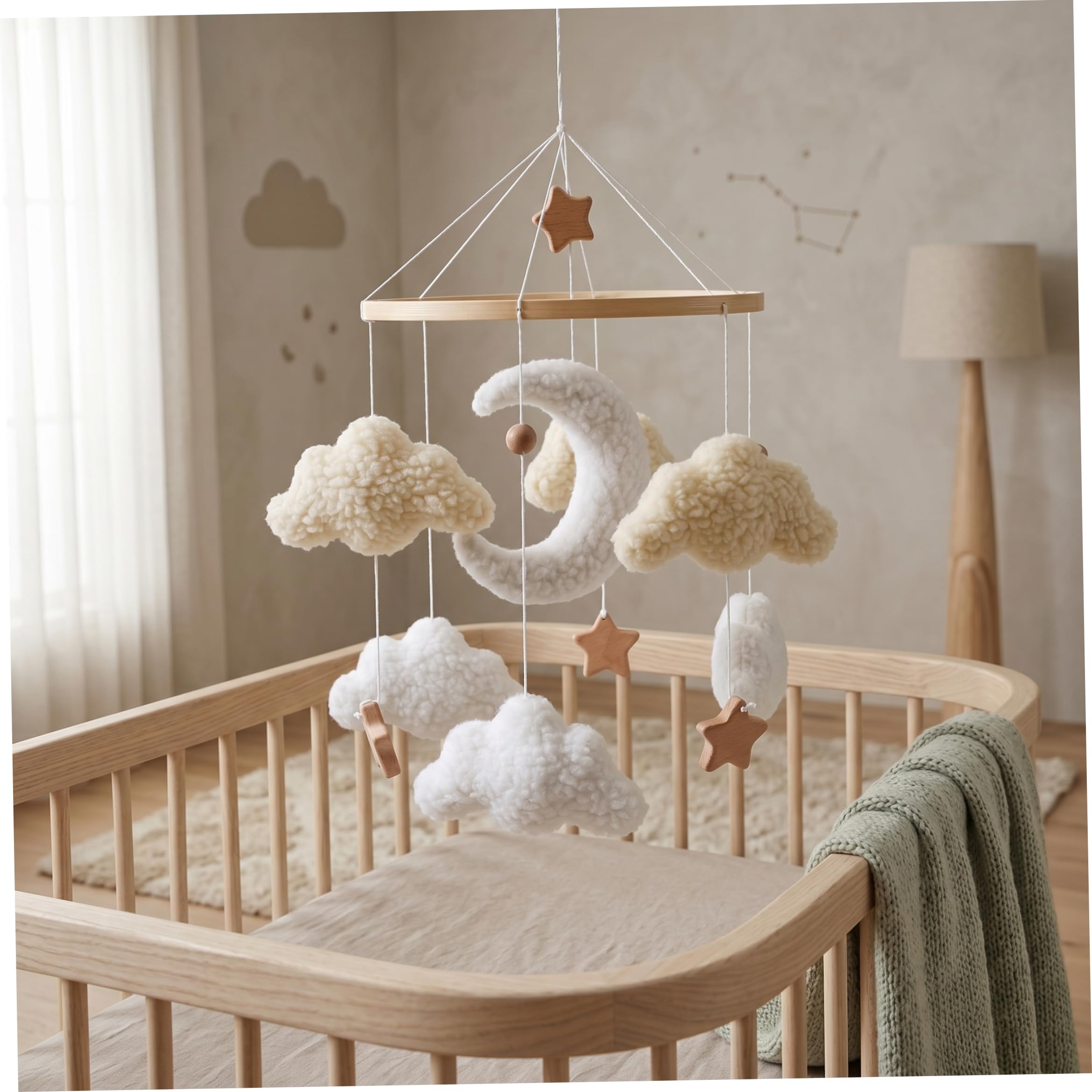 Baby Crib Mobile, Hanging Nordic Style Nursery Mobiles with Moon, Clouds & Wooden Stars Baby Mobile for Crib - Beige, Nursery Mobiles