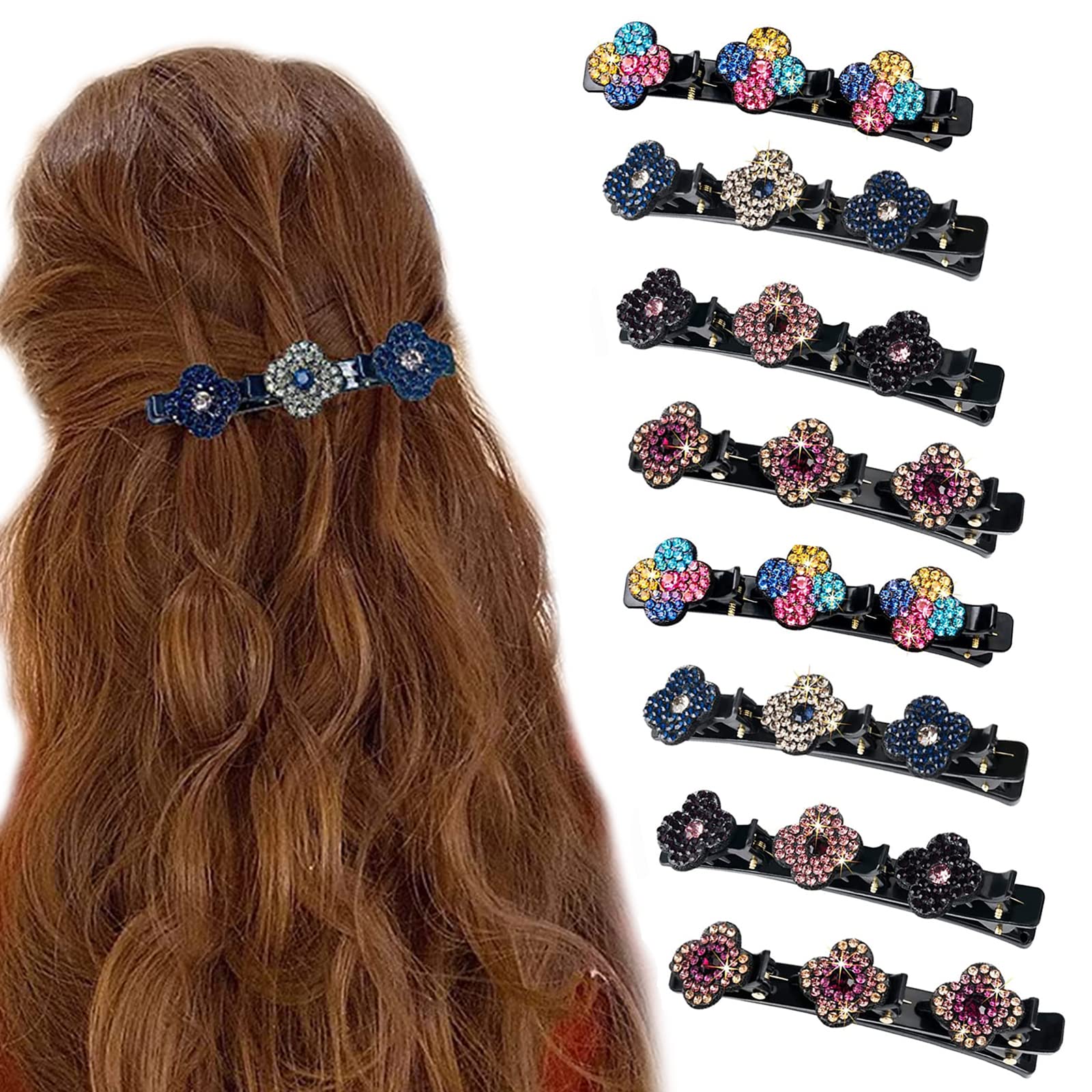 Sparkling Braided Hair Accessories - 8 Satin Fabric Clips for Women with Four-Leaf Crystal Embellishments and 3 Small Clips