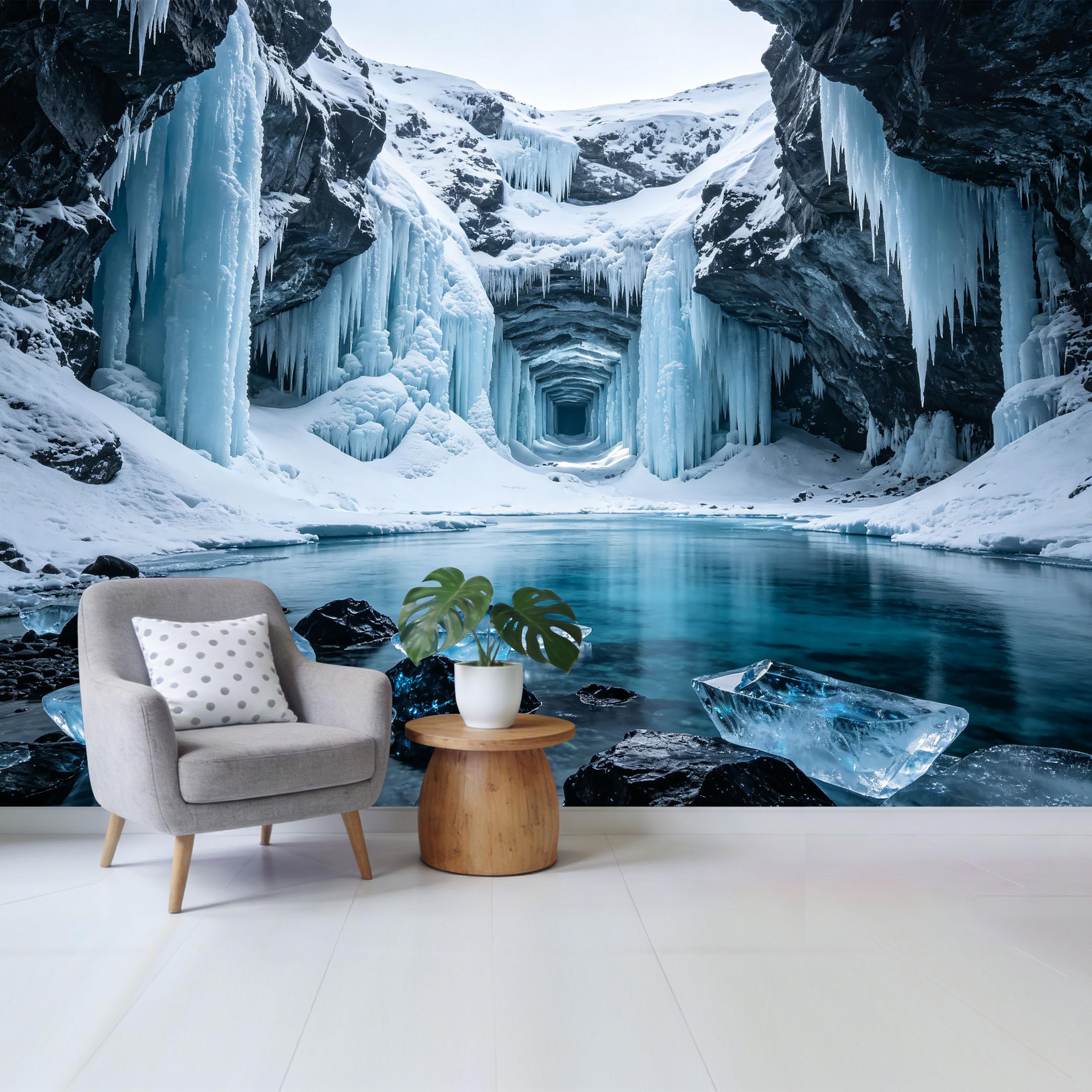 Custom Size Wall Mural Frozen Ice Cave Glacier Landscape Arctic Blue Water 3D Trompe l’oeil Removable Self Adhesive Fabric Home Wall Decor for Living Room Bedroom Bathroom