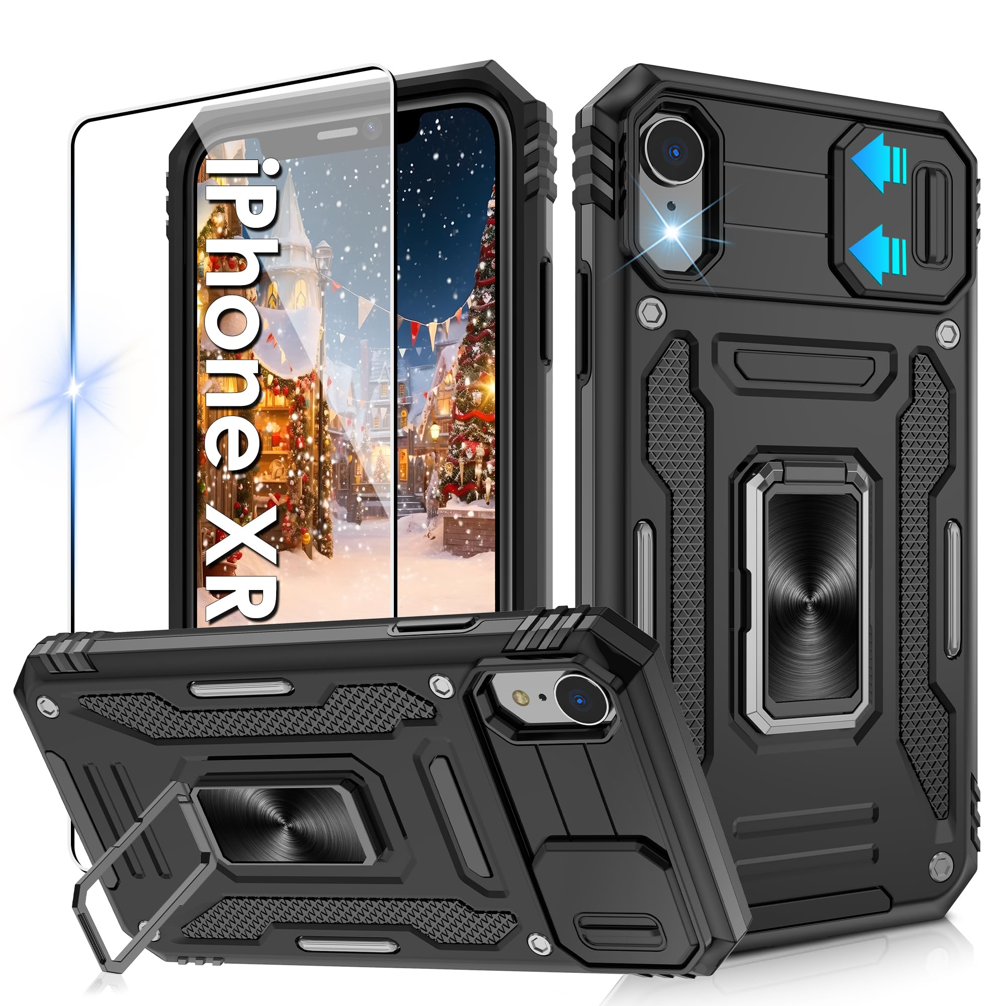 for iPhone XR Phone Cases with Screen Protector,Slide Camera Cover,Ring Kickstand, Anti-Scratch Armour Phone Cover for iPhone XR,Black