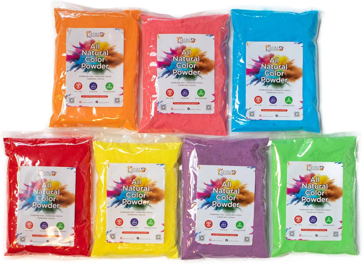 Kulture Khazana: Holi Color Powder - 1lb Bags, 7 Pack - All Natural, Washable, Biodegradable, Non-Toxic, Festival of Colors, Fun Run, Parties, Outdoor