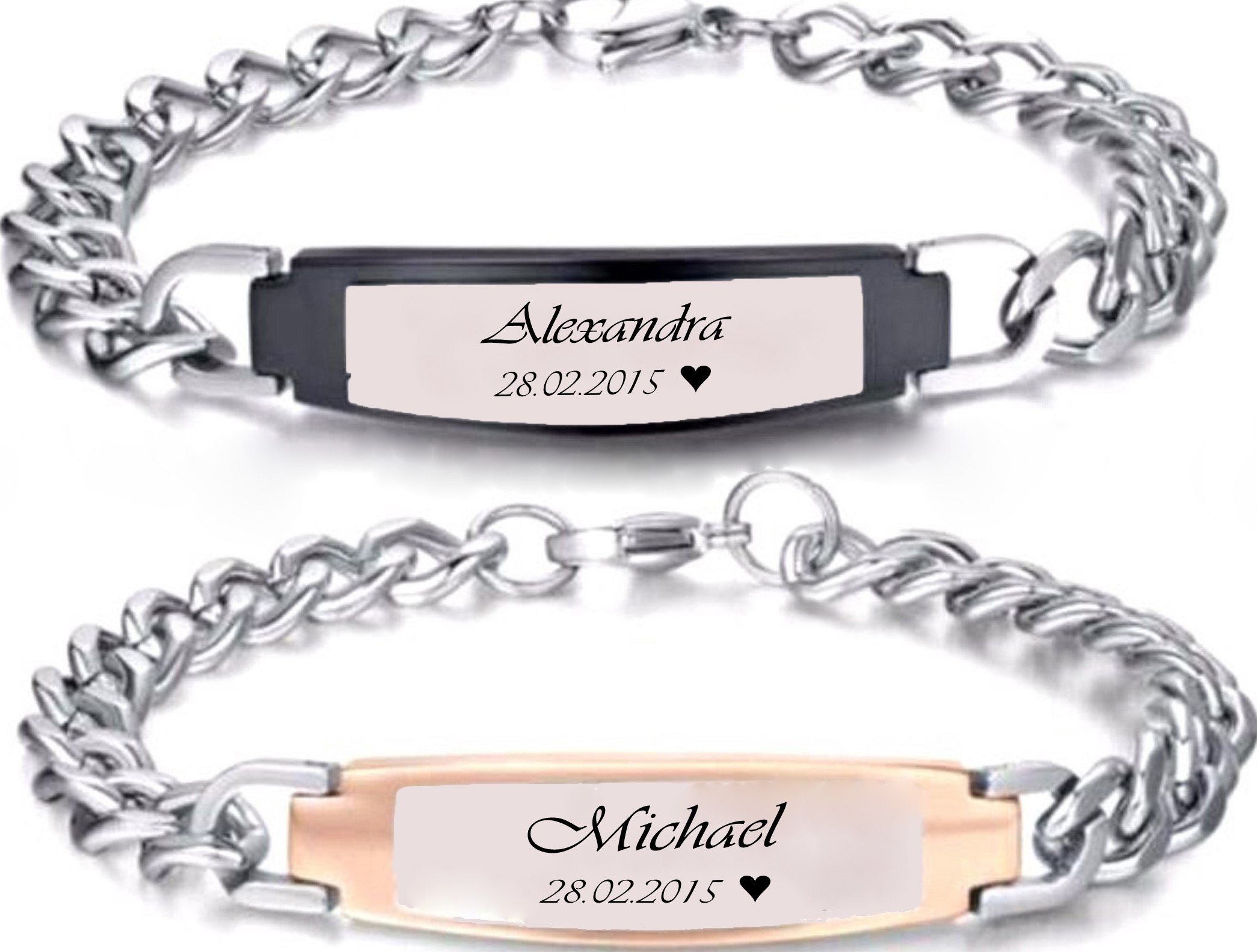 Elegante ID Edelstahl Armbänder Partnerarmbänder mit Gravur nach Wunsch mit Box