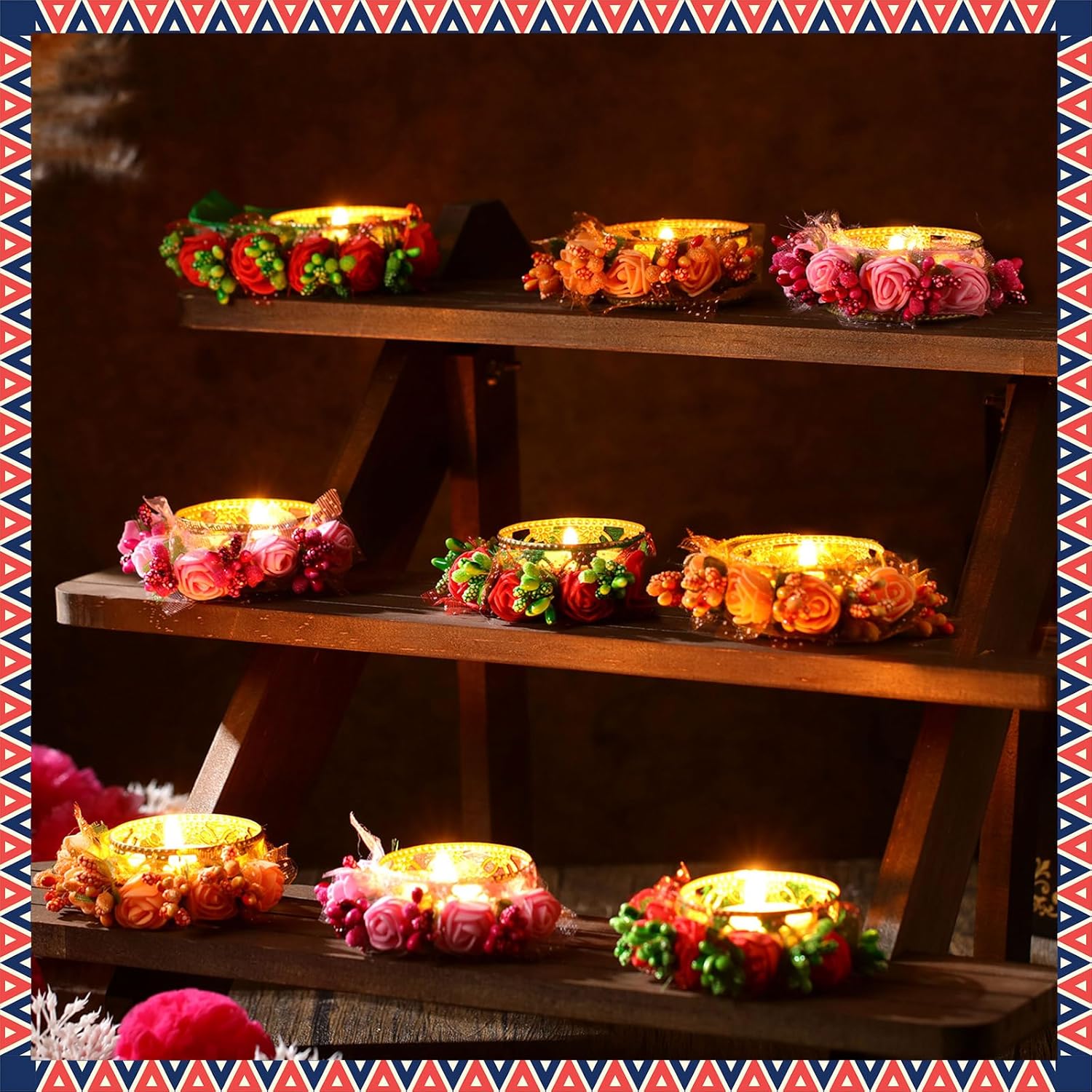 Conelist 12 Pcs Diwali Tea Light Candle Holder Metal Candle Diya Holder Pooja Diwali Diya Holder with 12 Garland and 12 Candles for Home Dining Table Centerpiece Office Decoration Indian Return Gifts