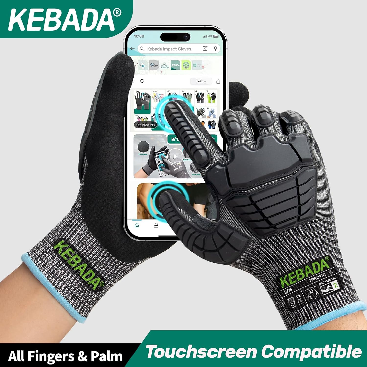 Kebada Impact Protection Gloves, ANSI A2 Cut Resistant Work Gloves with Grip, Touchscreen, Sandy Nitrile Coated - Image 4