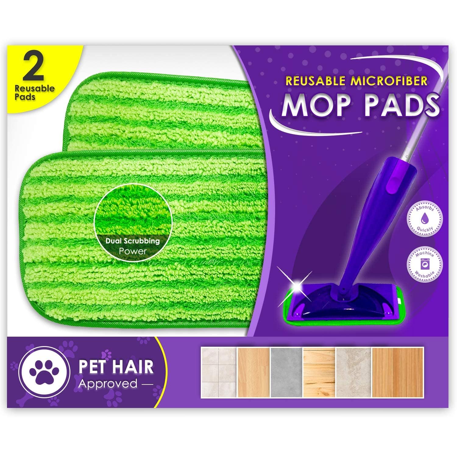 Turbo Mops Reusable Floor Mop Pads - Pack of 2, Machine Washable, 12-inch Microfiber Mop Refills - Compatible with Swiffer Wet Jet - Household Cleaning Tools