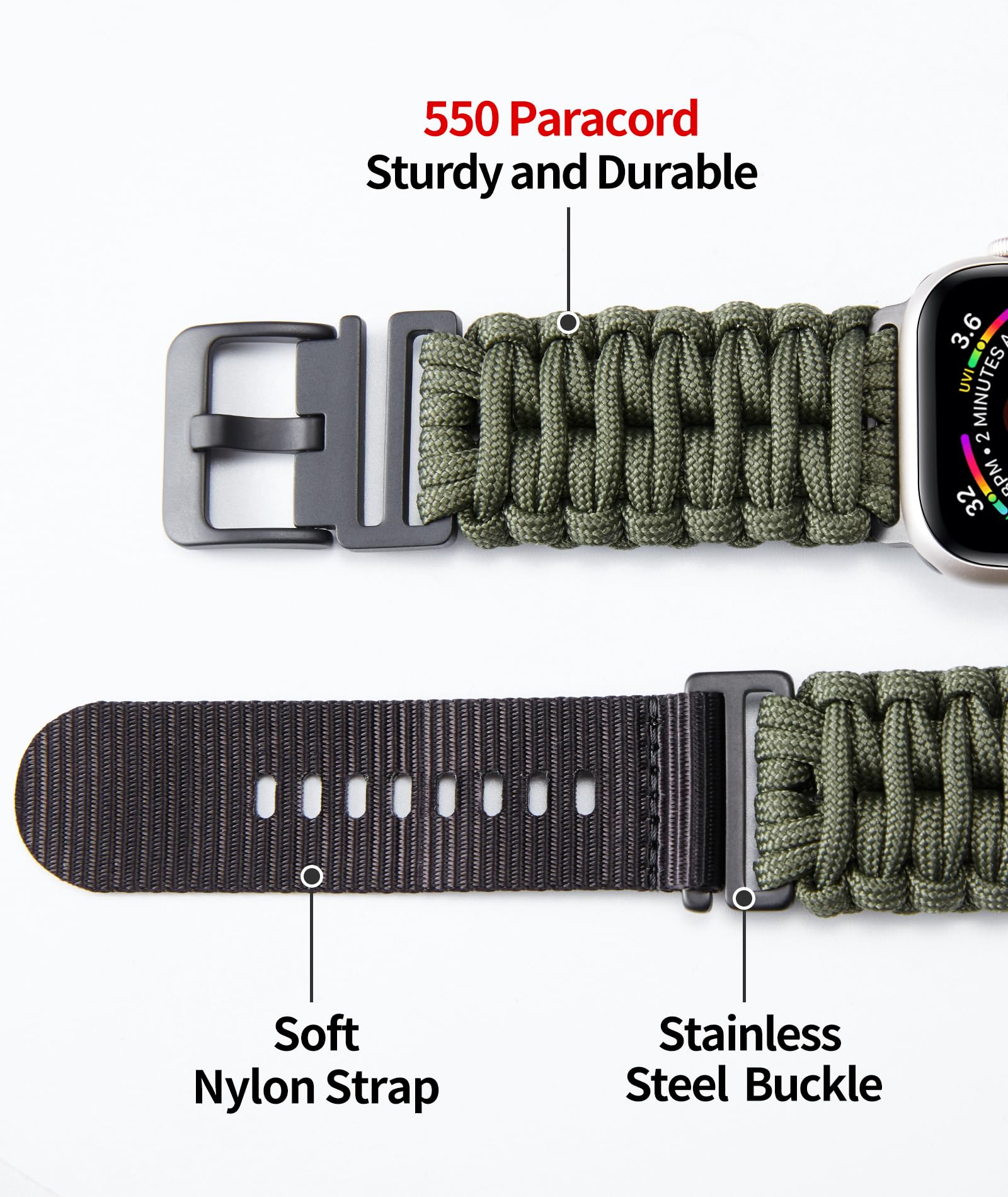 BINLUN Kompatybilny z Apple Watch ręcznie pleciony pasek Paracord 550, 42 mm, 44 mm, 45 mm, 46 mm, 49 mm, sportowy, nylonowy zamiennik paska do iWatch Ultra 10, 9, 8, 7, 6, 5, 4, 3, 2, 1, SE, dla