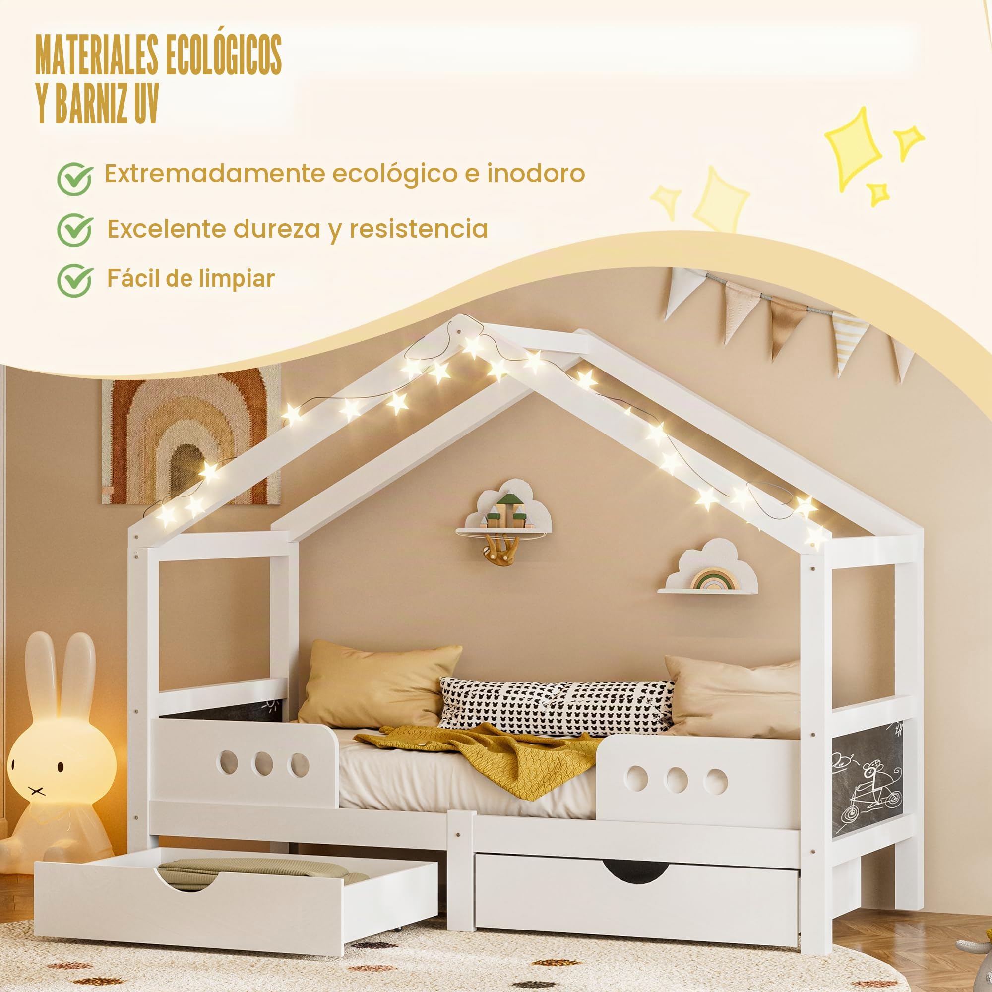 Cama infantil con techo 90 x 200 cm, color blanco, cama con 2 cajones grandes, pizarra en el cabecero, estructura de madera estable+tablero de fibra de densidad media, soporta hasta 120 kg