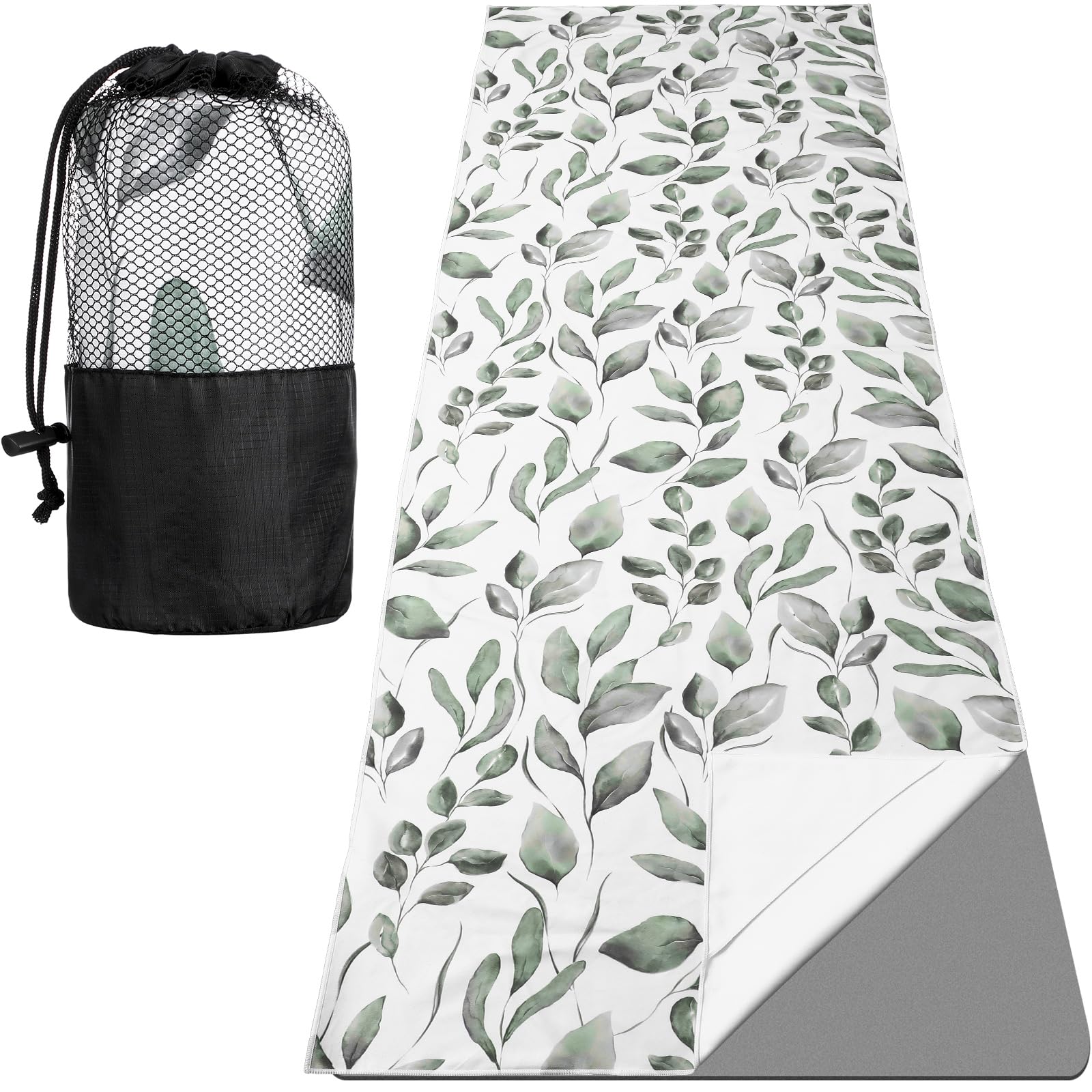 Non Slip Yoga Mat Towel with 4 Corner Pockets with Travel Bag Sweat Absorbent Microfiber Hot Yoga Mat Towel Grip Soft Yoga Blanket for Hot Yoga, Pilates, Workout, Gym 74"x25"(Leaf)
