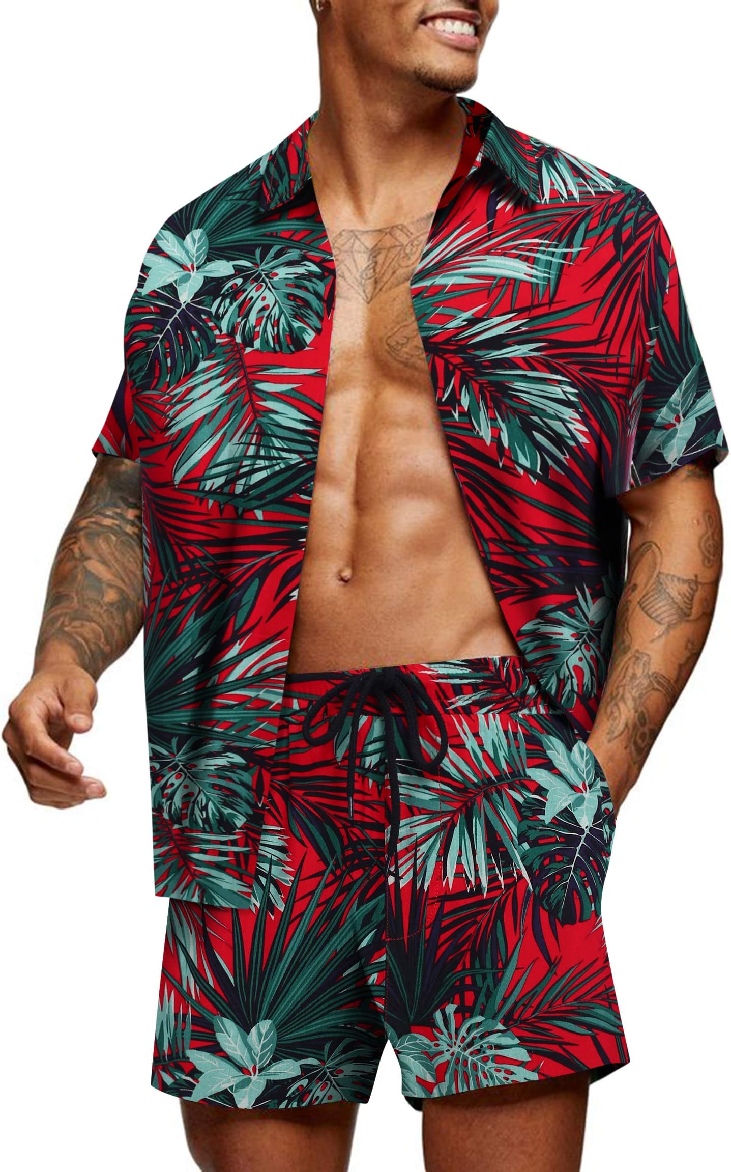 COOFANDYMen's Hawaiian Matching Set Summer Beach 2 Piece Outfits Flower Button Down Shirts and Shorts Vacation Outfits