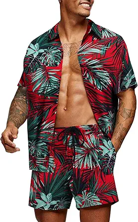 Men's Hawaiian Matching Set Summer Beach 2 Piece Outfits Flower Shirts and Shorts
