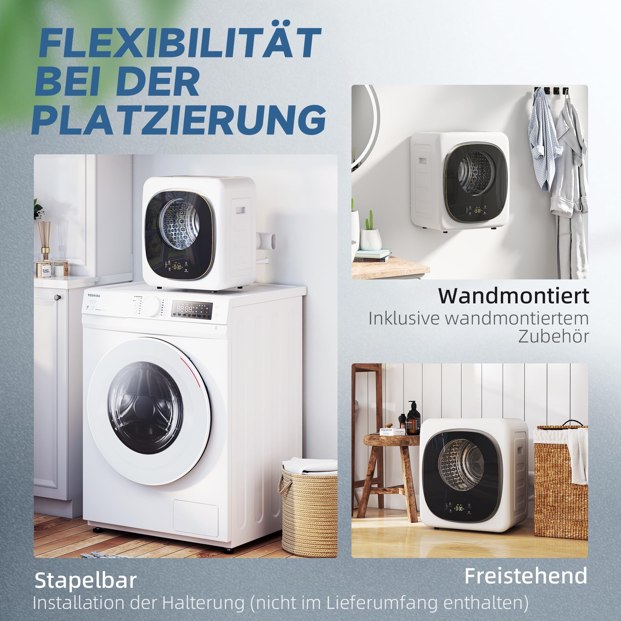 HOMCOM Mini Wäschetrockner mit 5 Programm 800 W 4 kg bis zu 60℃, Freistehend Wandmontierbar Ablufttrockner mit Smart-Sensor, Timer und Touch-Anzeige Trockner für Kleidung Weiß