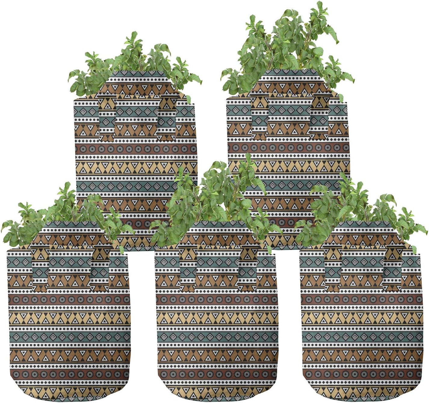 Ambesonne Boho Grow Bags 5-Pack, Shapes Pattern, Heavyduty Fabric Pots with Handles for Plants, 5 Gallon, Multicolor