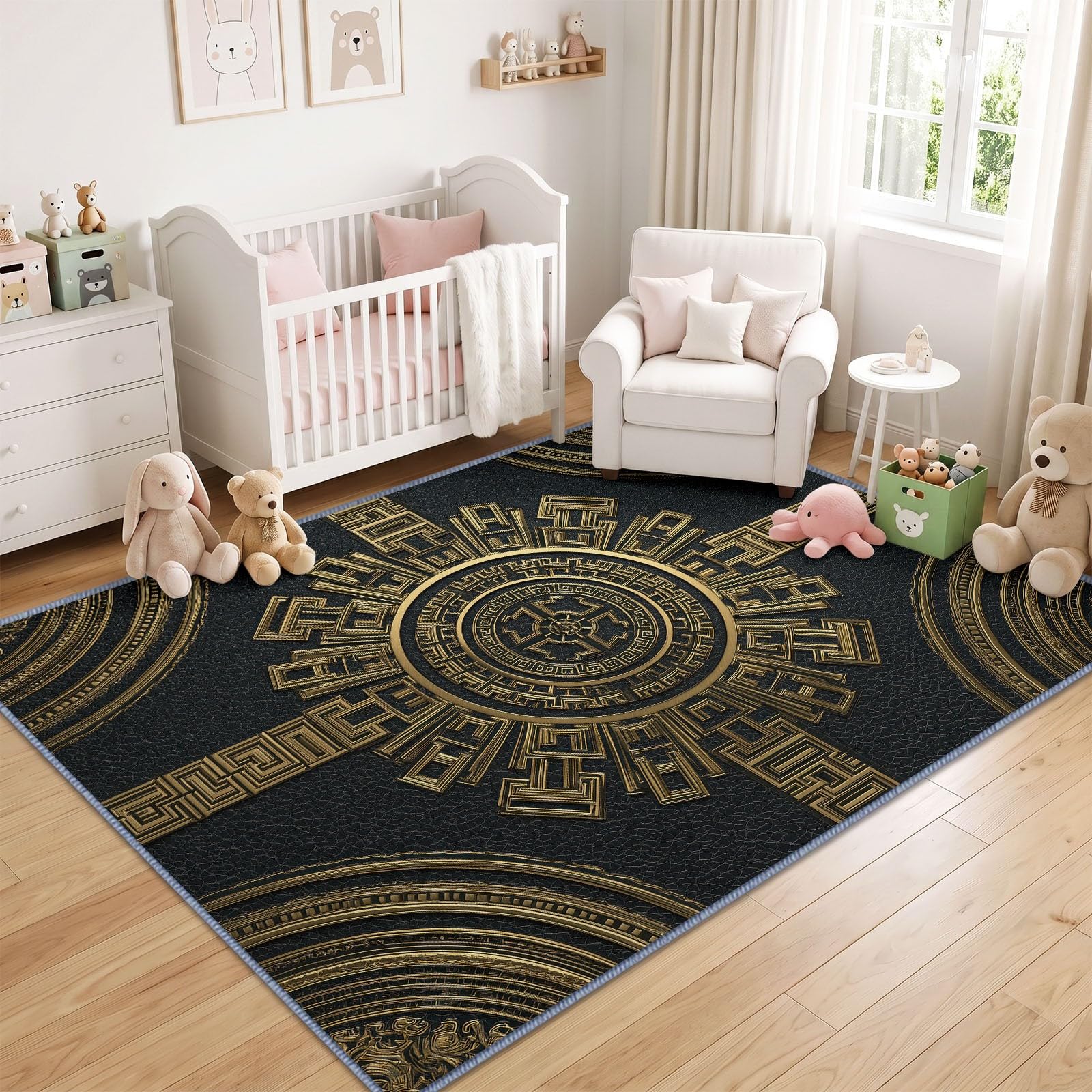 Lavable Machine Tapis Relief 3D Géométrique Dessous Antidérapant, Méandre Grec Badge Circulaire Tapis Pile Courte 160 x 230 cm pour Salon Salle à Manger Chambre Cuisine Entrée