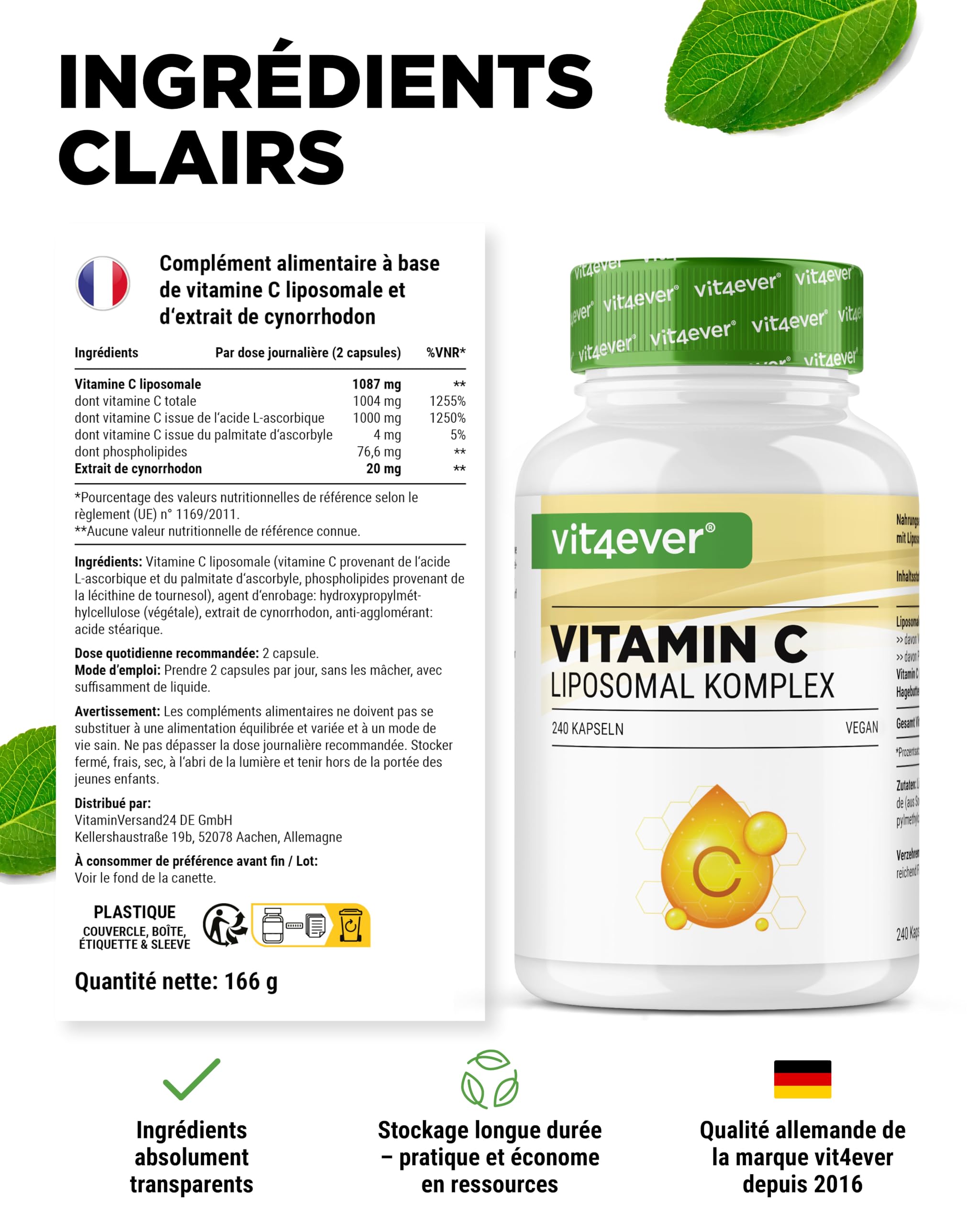 vit4ever Vitamine C Liposomale - 240 Gélules Végétaliennes - Premium : Hautement Dosée avec 1000 mg de Vitamine C Pure par Jour - Biodisponibilité Particulièrement Élevée