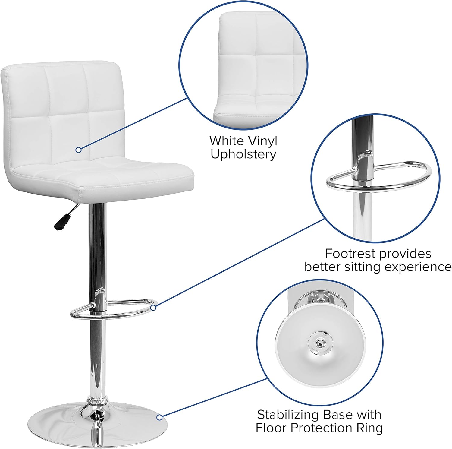 BizChair White Quilted Vinyl Adjustable Height Barstool with Chrome Base