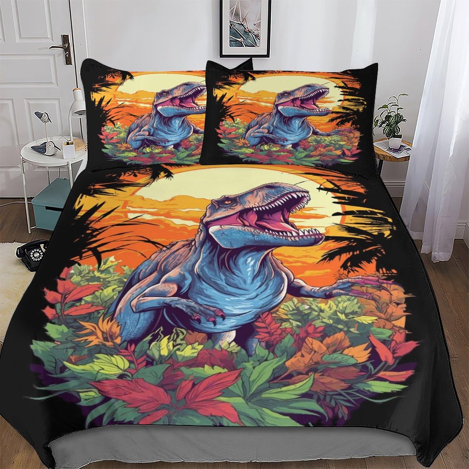 Housse de couette dinosaure 3D King parure de lit microfifre 220x240cm avec taie oreiller
