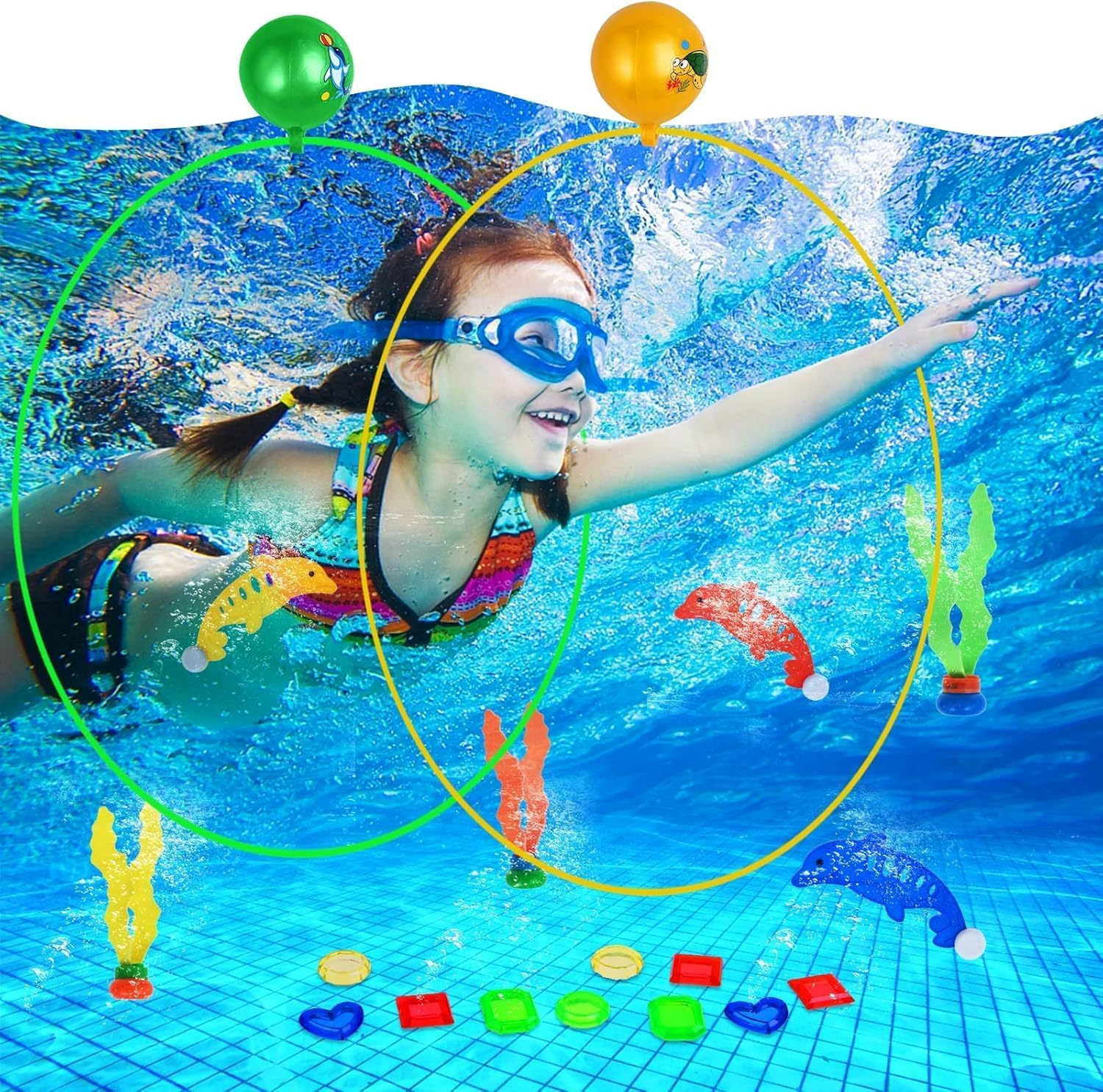 Faburo 20Stk Tauchring Kinder Tauchring Unterwasser Swimmring Tauchspielzeug Pool Spielzeug Set mit Tauchringe Edelsteine Aufbewahrungstasche für Kinder Junge Mädchen
