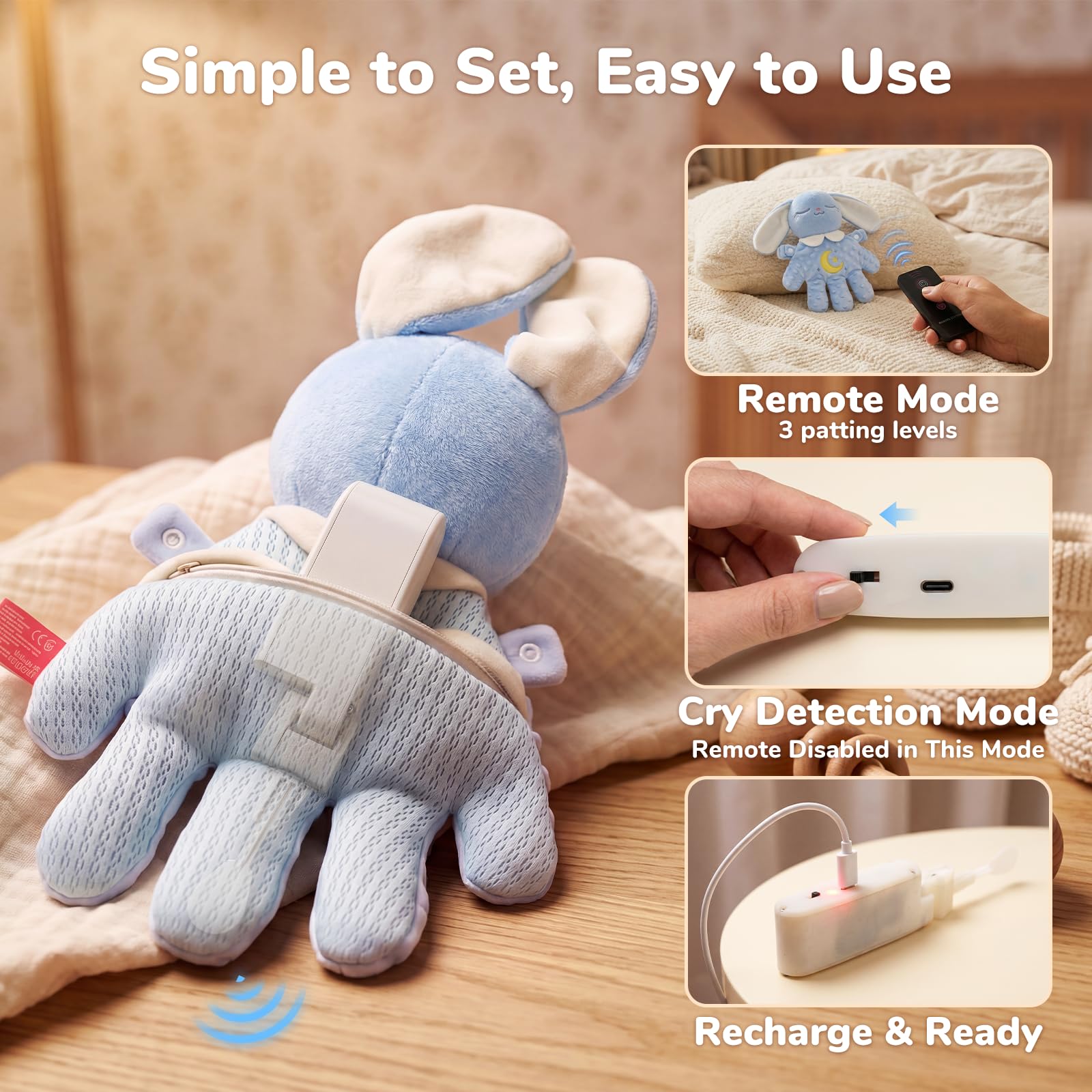 Bunny Baby Comfort Bundle : comprend une machine sonore à bruit blanc (contrôle par application) et une tétine pour bébé (télécommande) avec détection de pleurs avec sons et tapotements doux, cadeaux