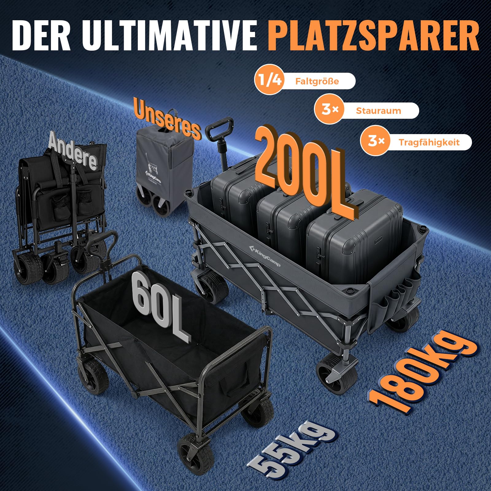 KingCamp 200L Faltbarer Bollerwagen mit 180kg Tragkraft & 7 in Breitreifen | Ultrakompaktes 4-Wege-Faltsystem, selbststehendem Griff für Strand, Camping, Shopping & Garten