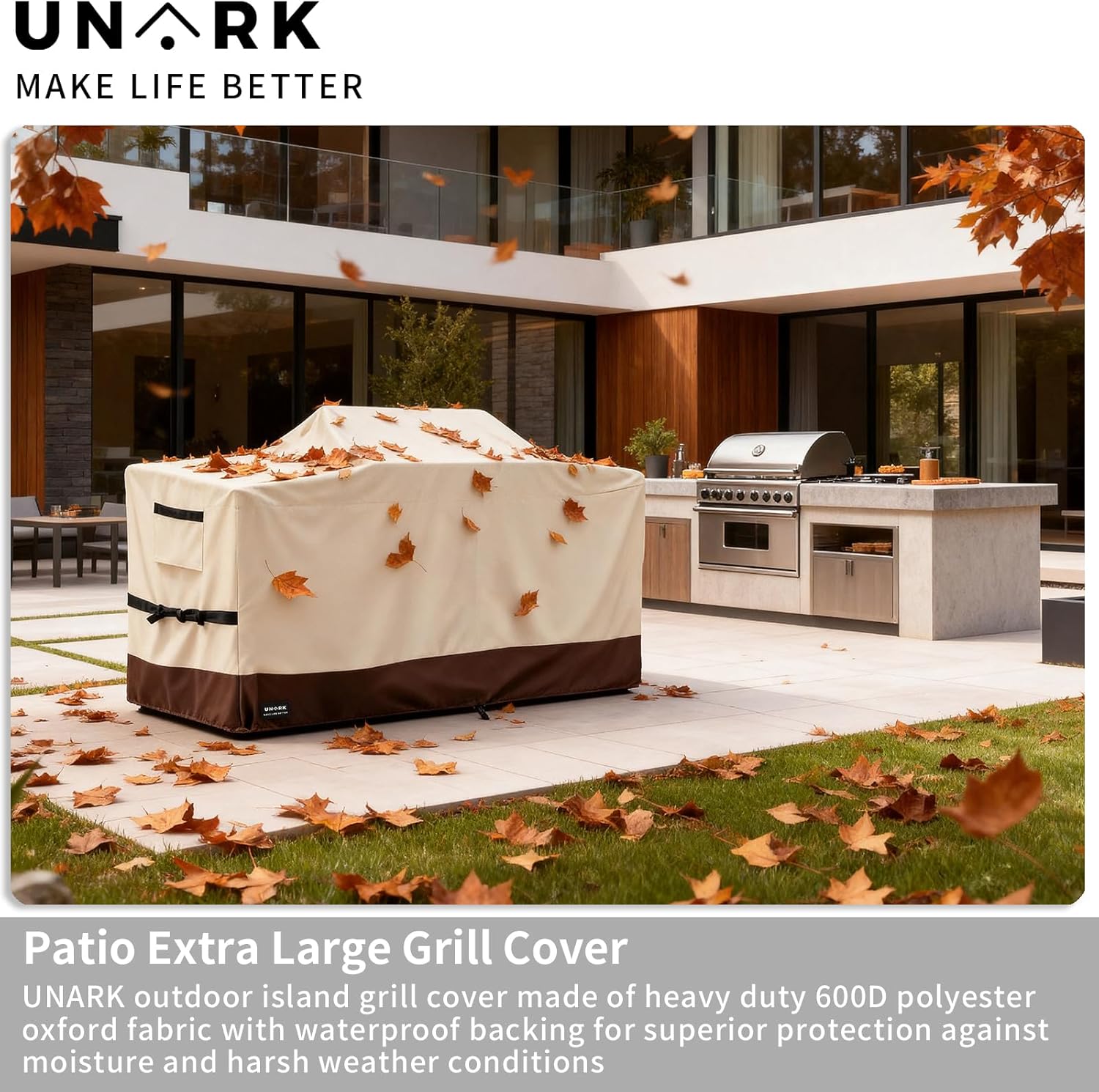 98 Inch Extra Large Grill Cover Kitchen Island Cover Large Island Grill Cover for Outdoor Grill Outdoor Kitchen Cover Heavy Duty Waterproof 98" L x 42" W x 48" H, Beige and Brown