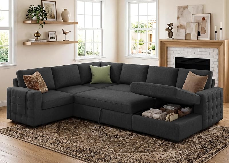 HONBAY Sectional Sleeper Sofa with Pull-Out Bed Storage Chaise, 6 Seater Couch for Living Room, Dark Grey